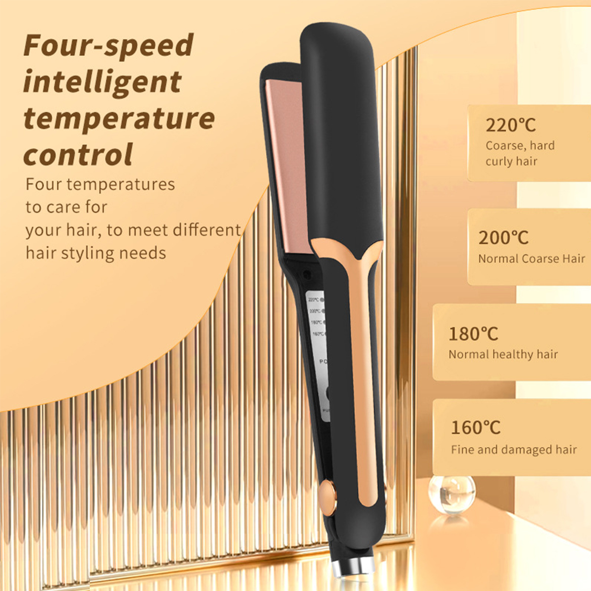 Ein schwarz-goldenes Glätteisen. Es hat vier Temperatureinstellungen mit Etiketten für Haartypen auf der rechten Seite.