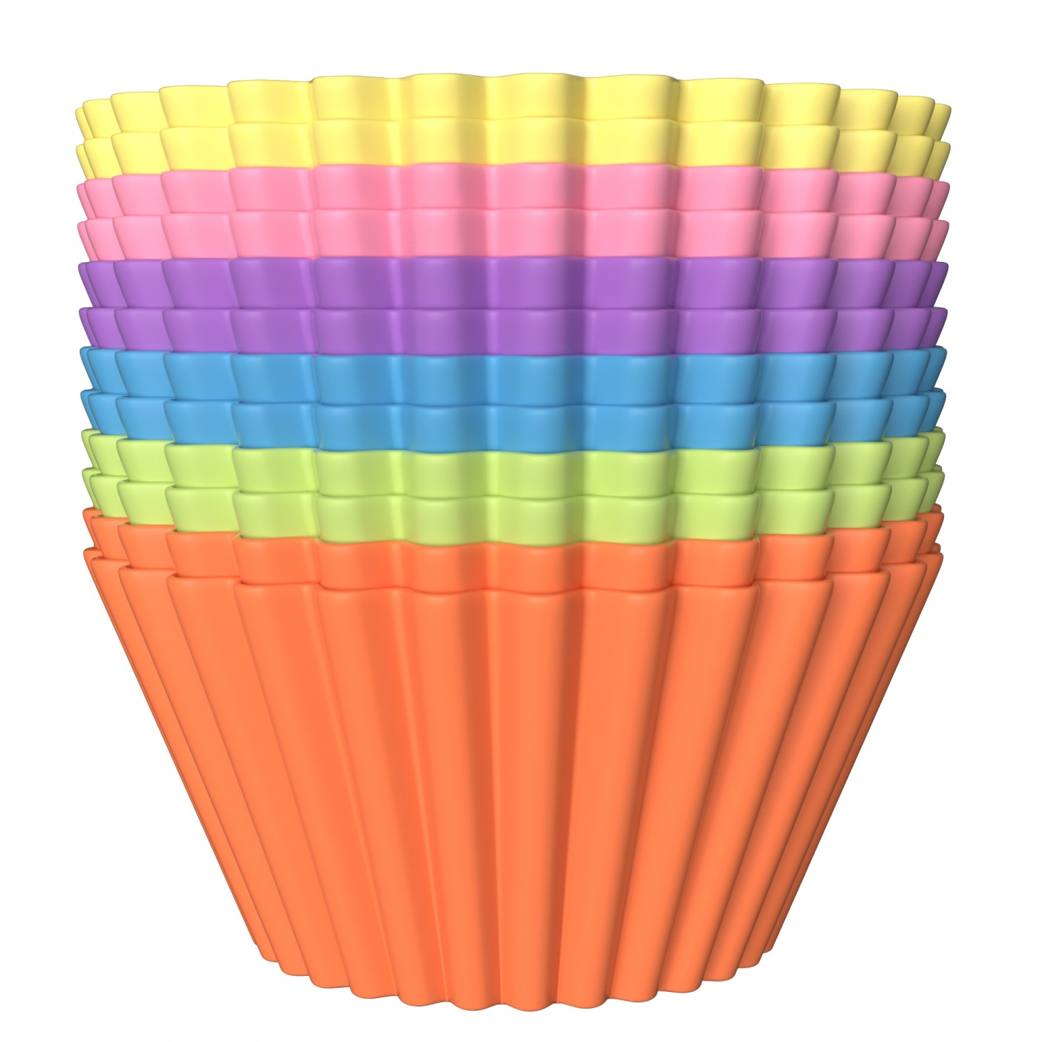 Ein Stapel bunter Cupcake-Formen. Sie sind orange, gelb, rosa, lila, blau und grün.