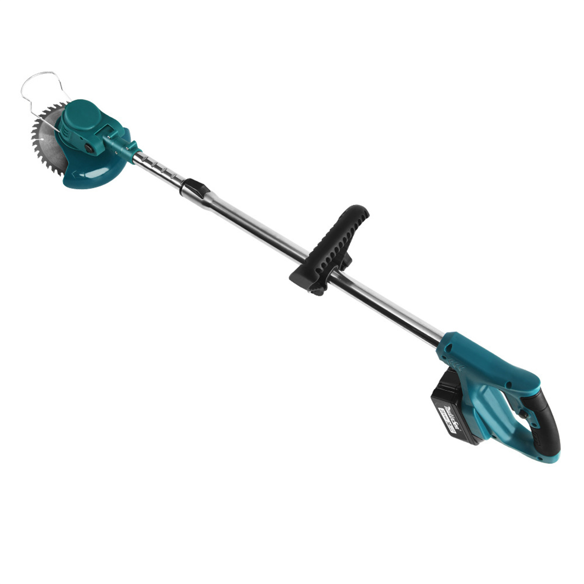 Ein elektrischer Rasentrimmer mit teal- und schwarzem Farbschema, positioniert auf einer weißen Oberfläche.