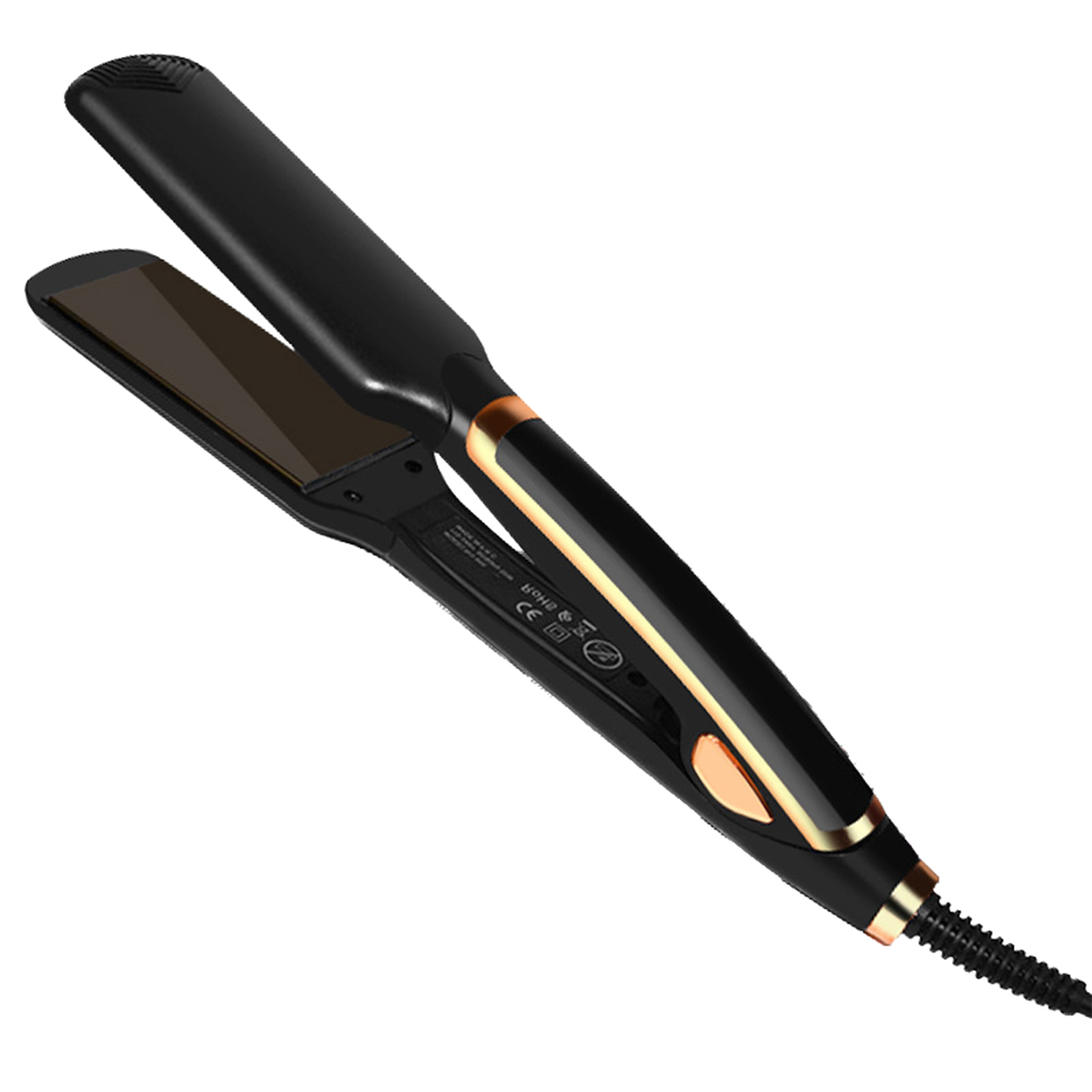 Ein schwarzer Haarglätter mit goldenen Akzenten, geöffnet. Der Haarglätter befindet sich auf weißem Hintergrund.