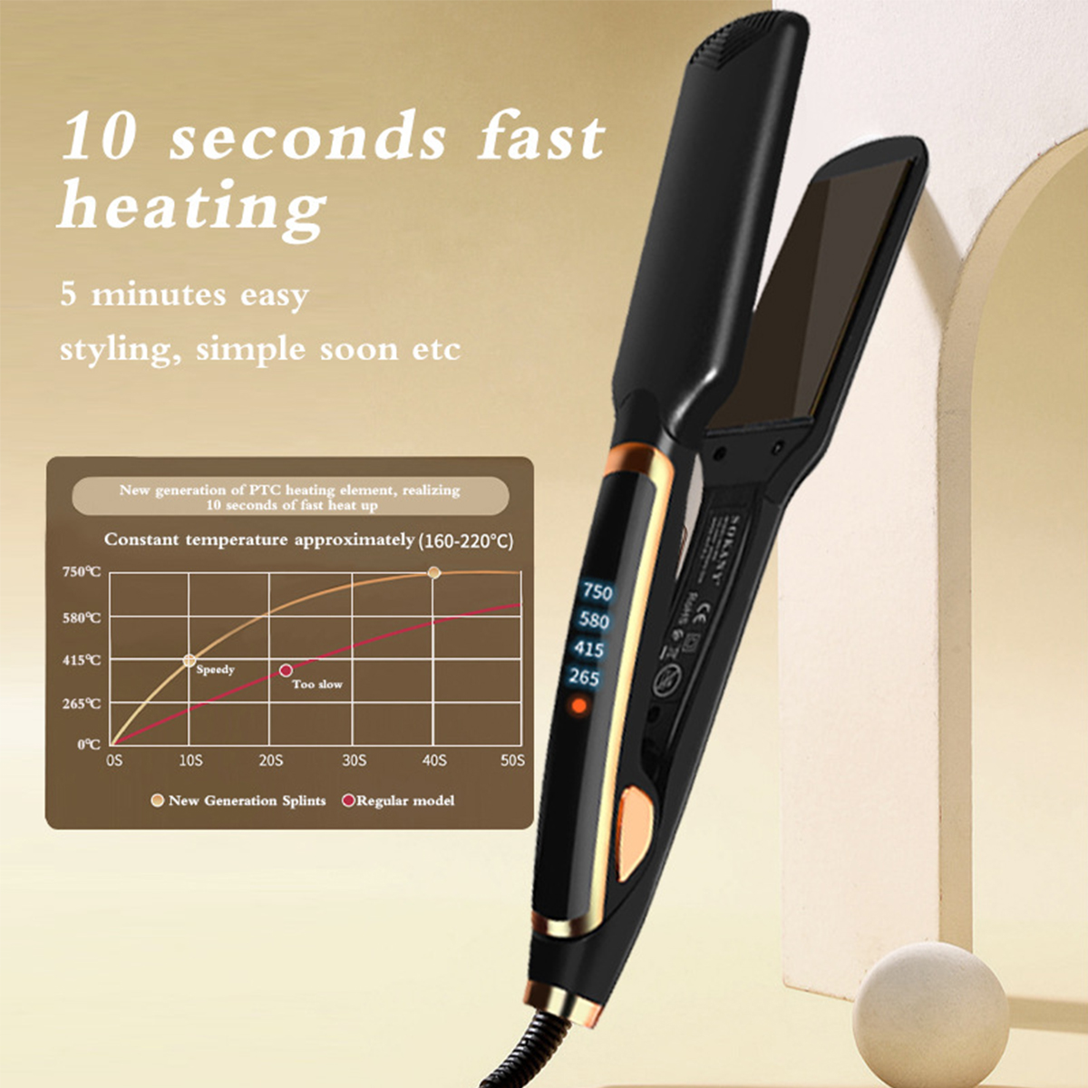 Schwarzer Haarglätter mit Temperaturdiagramm. Merkmale sind schnelles Aufheizen und einfaches Styling.