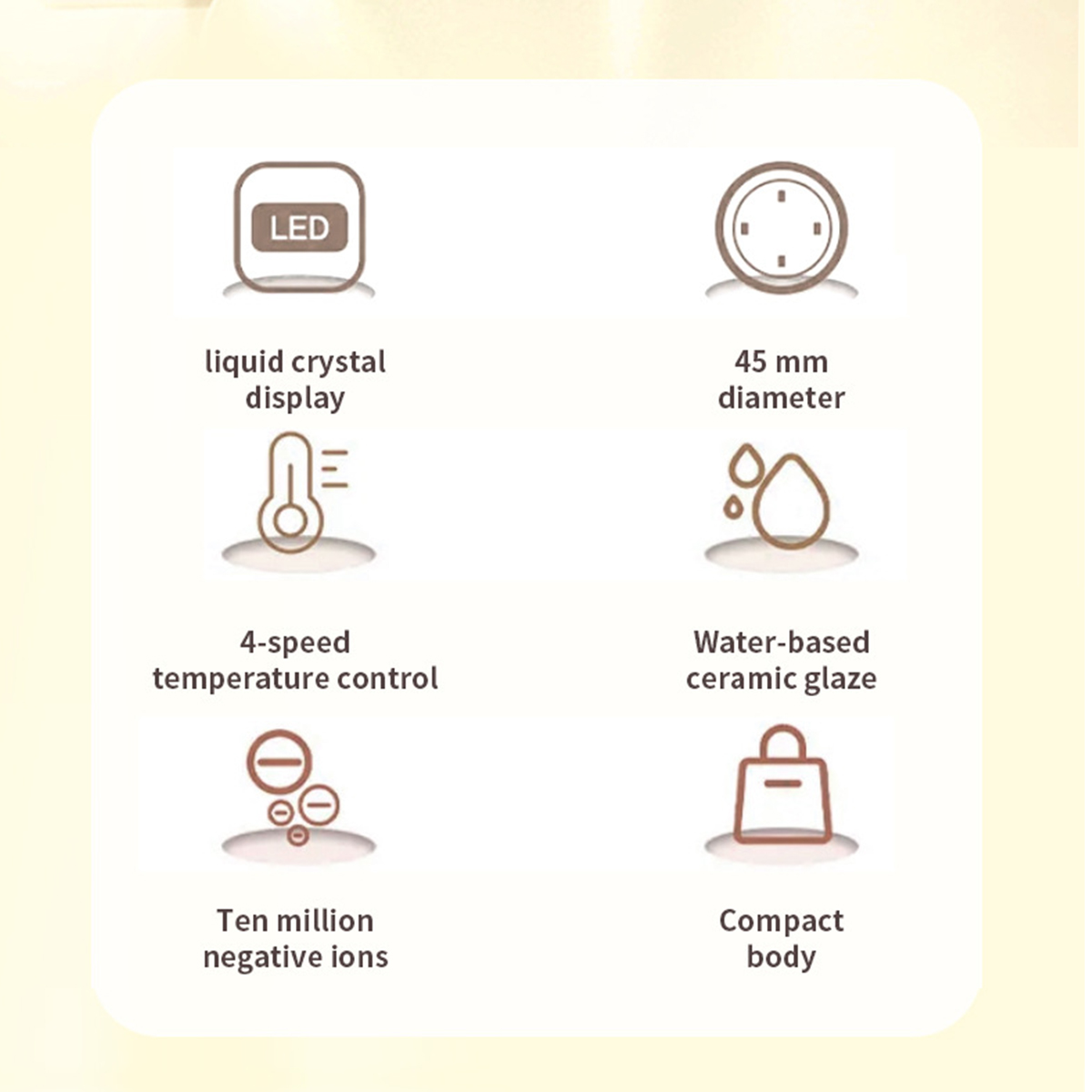 Infografik mit Icons, die Produktmerkmale beschreiben: LED-Anzeige, Temperaturregelung, Keramikglasur usw.