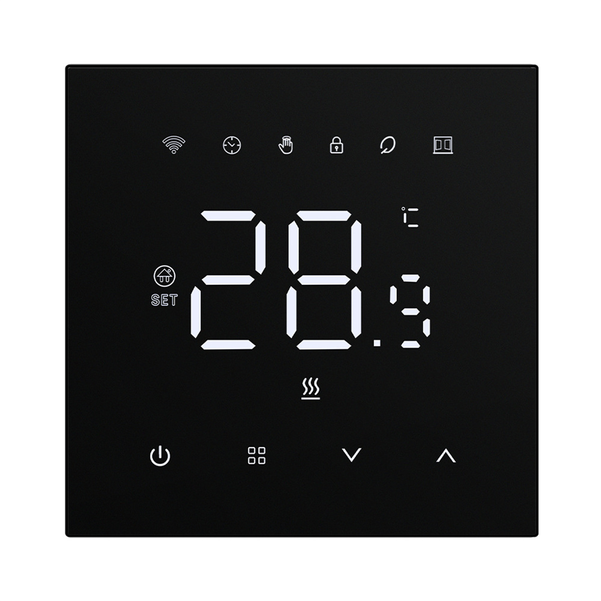 Ein schwarzer digitaler Thermostat mit weißem Display, das Temperatur und Symbole anzeigt.