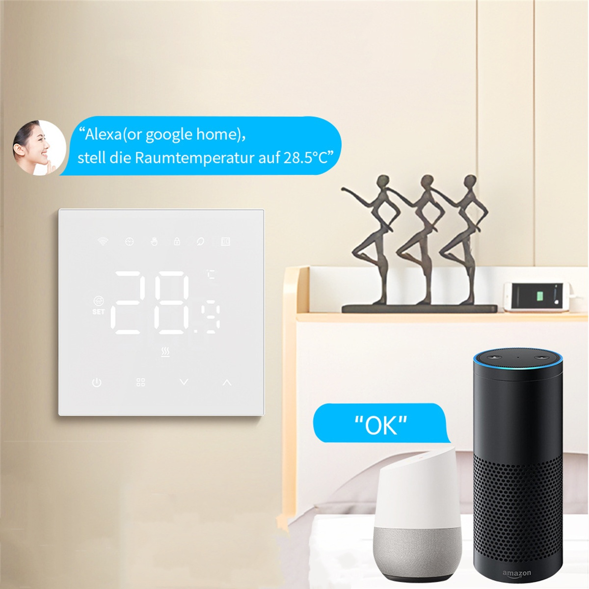 Frau spricht mit einem Smart-Home-Gerät, mit einem Smart-Display, einem Smart-Lautsprecher und einer dekorativen Statue.