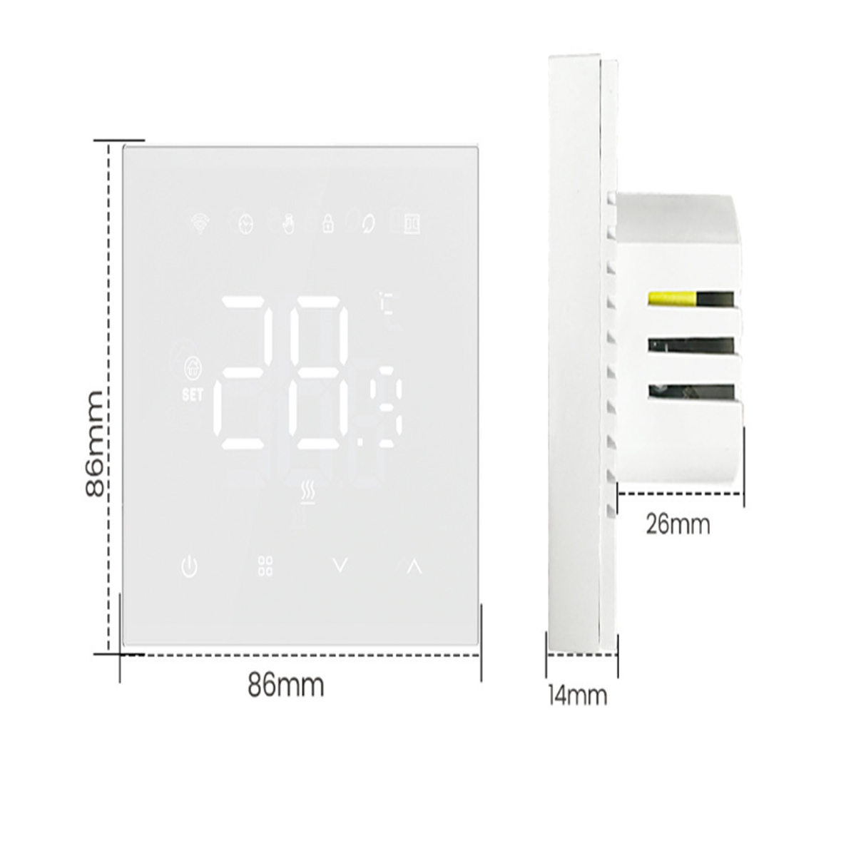 Quadratischer weißer digitaler Thermostat mit Abmessungen, Temperaturanzeige und Seitenansicht.