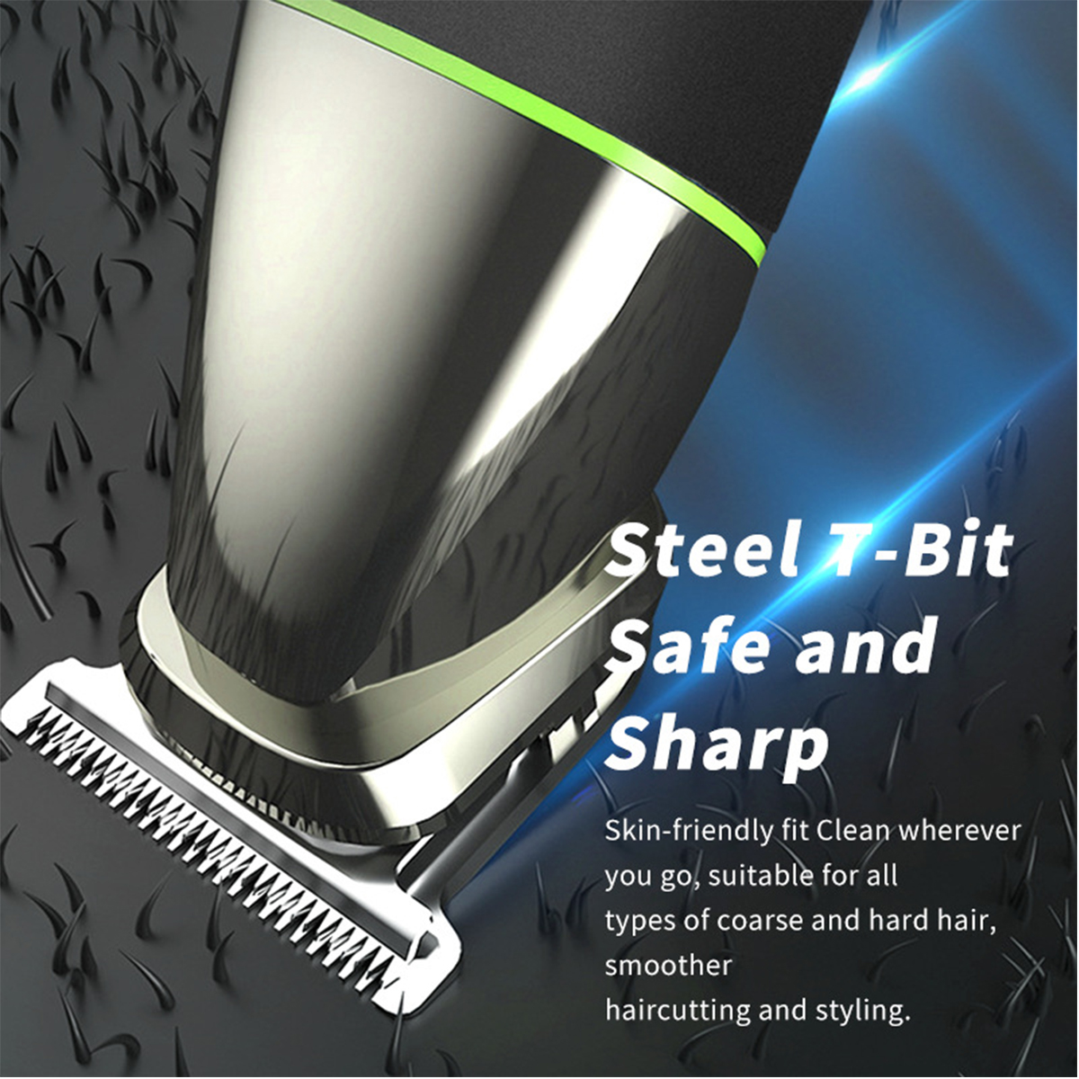 Nahaufnahme einer Stahl-Trimmerklinge mit dem Text 'Steel 7-Bit Safe and Sharp' und Haaren.