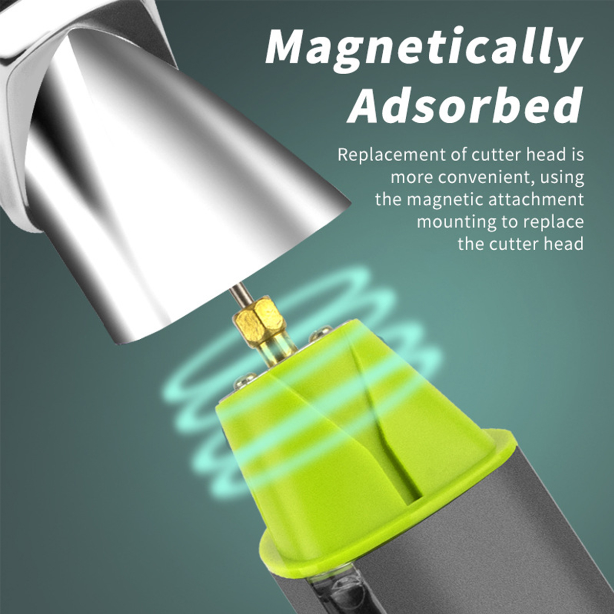 Magnetischer Rasiererkopf, grüner Aufsatz und Text über die magnetische Funktion.