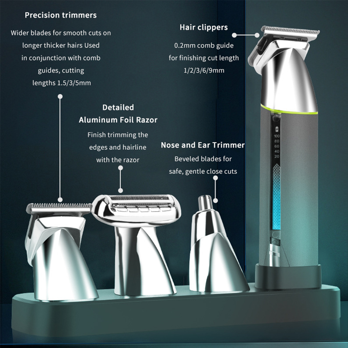 Haarschneiderset mit mehreren Aufsätzen. Enthält Präzisionstrimmer, Folienrasierer und Nasenhaartrimmer.
