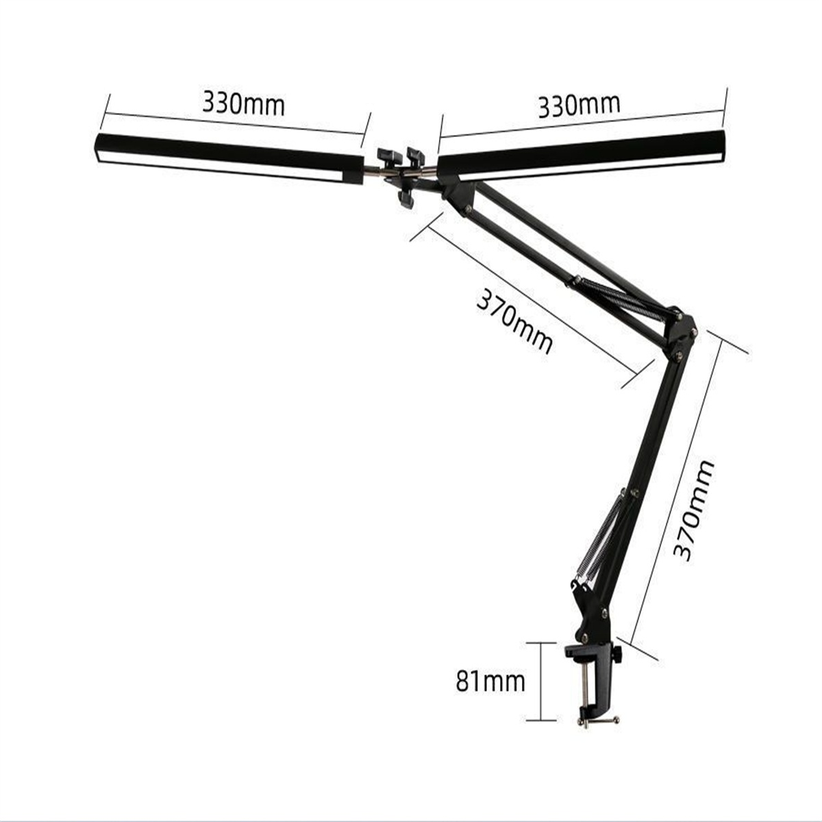 Verstellbare Schreibtischlampe. Sie hat zwei Lichtpaneele, die Abmessungen sind beschriftet. Schwarz-Silber.