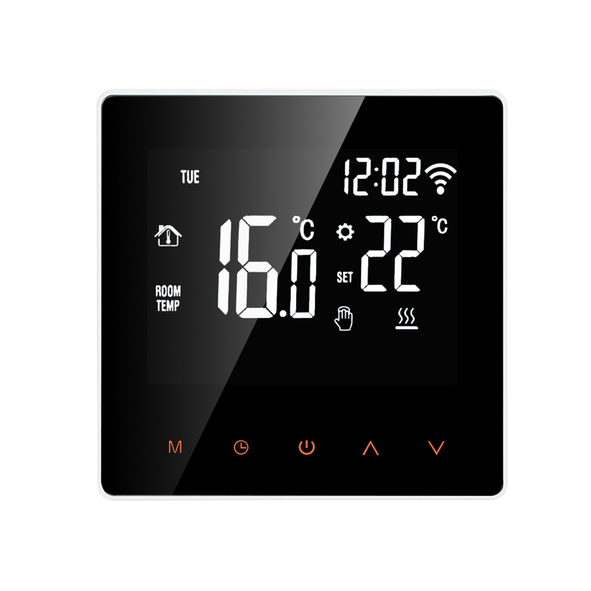 Ein quadratischer schwarzer Thermostat zeigt 16,0°C und 22°C Sollwert an. Der Bildschirm zeigt Uhrzeit, Wifi und Symbole.