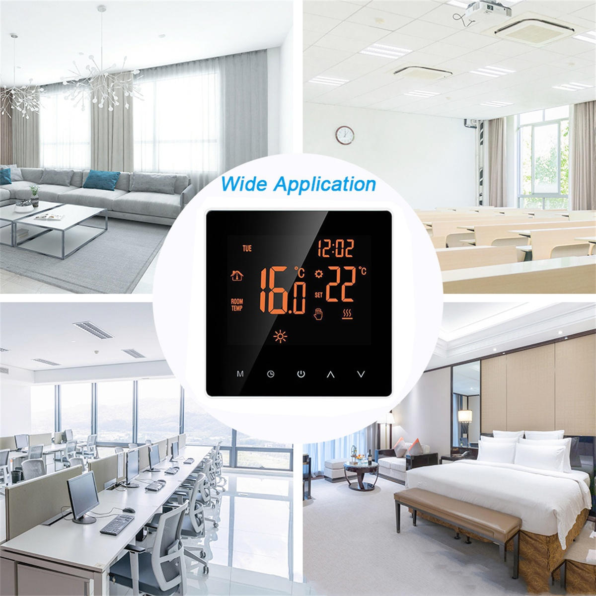 Smart-Thermostat in verschiedenen Umgebungen: Wohnzimmer, Büro und Schlafzimmer.