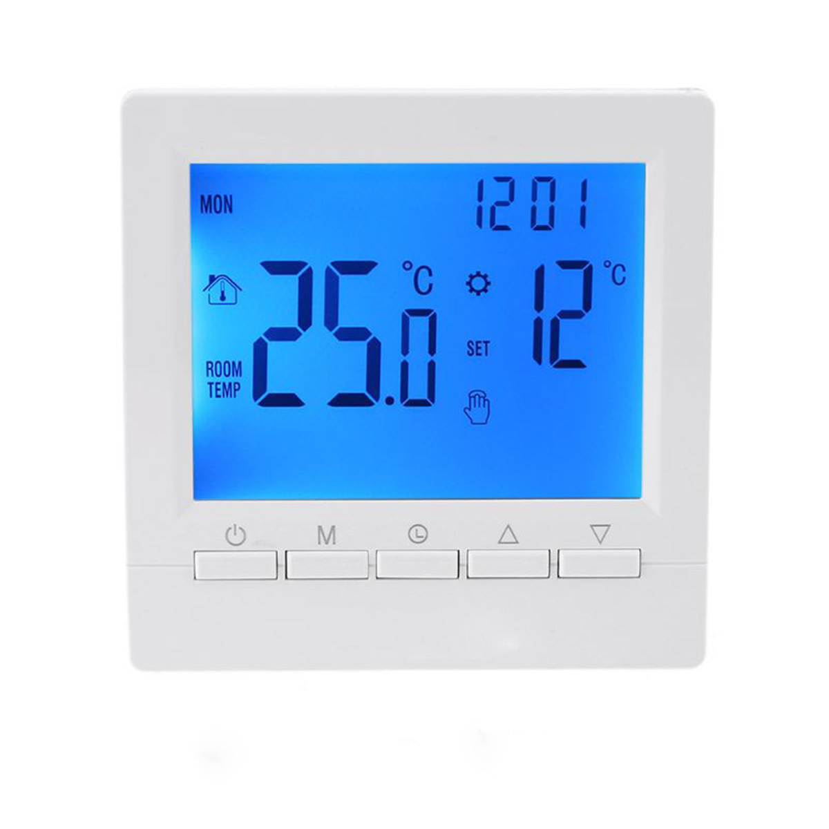 Weißer Thermostat mit blauem Display, das Temperatur, Sollwert und Uhrzeit anzeigt.