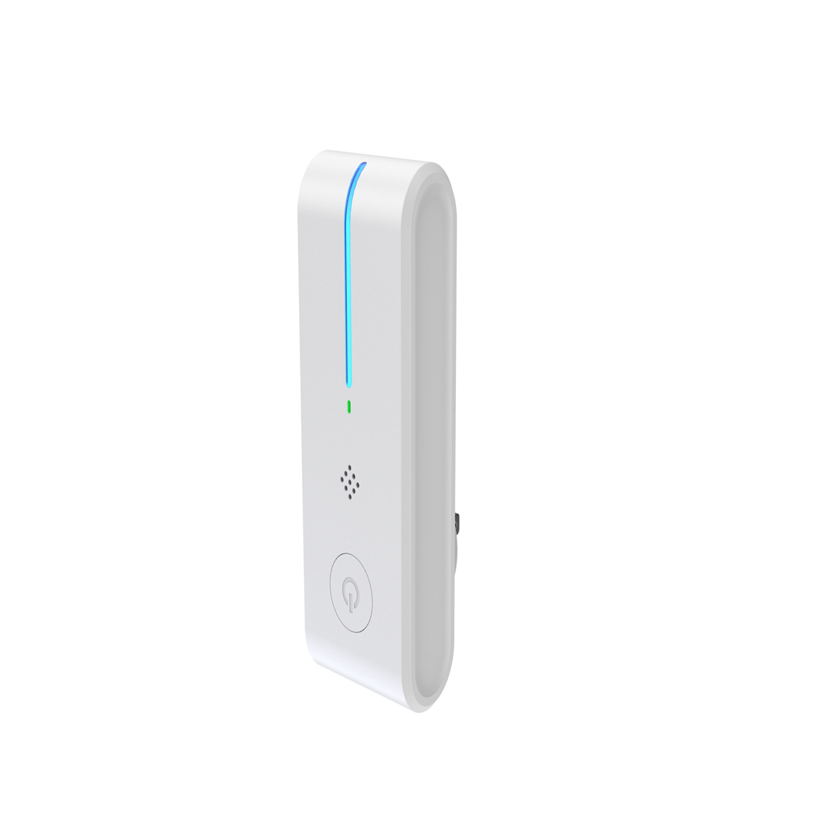 Ein weißer Smart-Stecker mit blauem Lichtindikator und Ein-/Aus-Taste wird gezeigt.