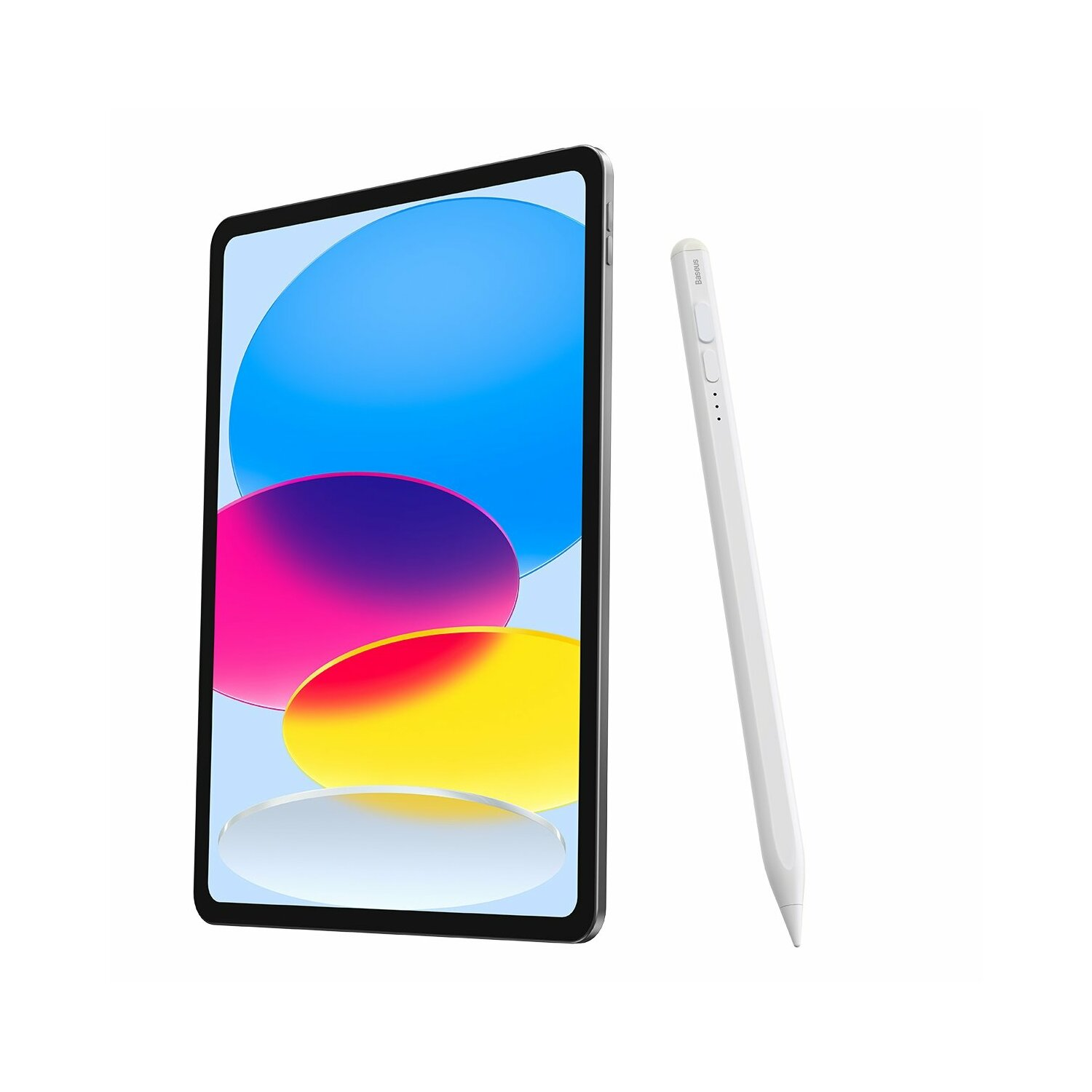 Ein Tablet mit einem Stift. Das Tablet hat ein farbenfrohes Display. Der Stift ist weiß.