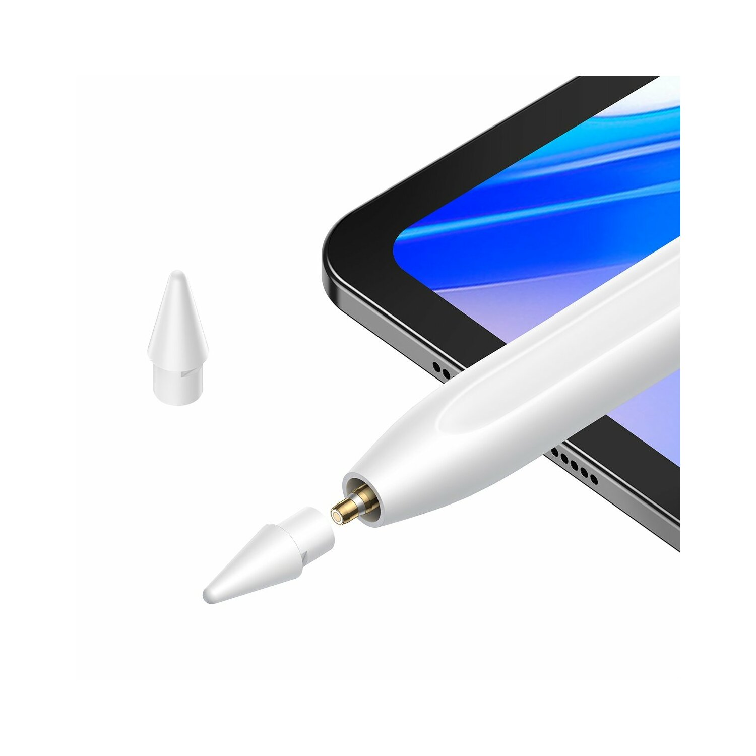 Weißer Stift und Stiftspitze für ein Tablet, isoliert auf weißem Hintergrund.