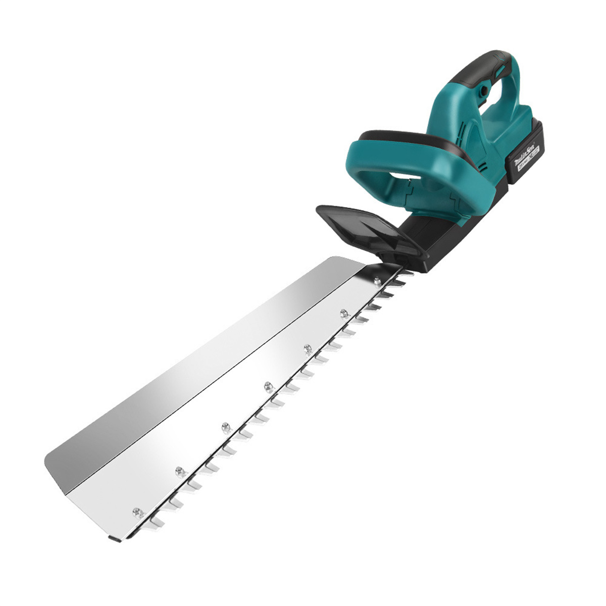 Eine kabellose Heckenschere in Teal und Schwarz auf weißem Hintergrund, Klinge ausgezogen.