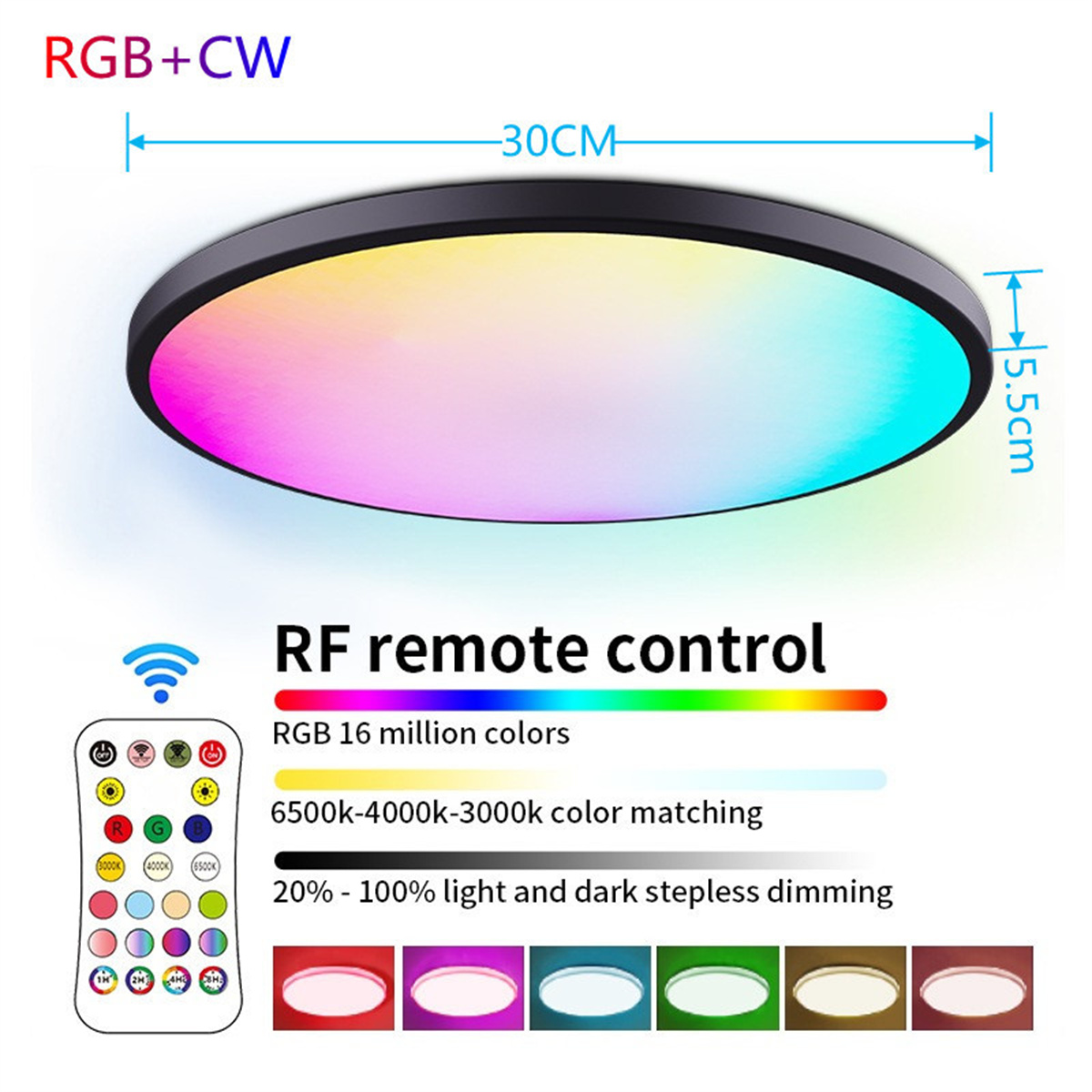 Runde RGB+CW LED-Deckenleuchte mit Fernbedienung und verschiedenen Farboptionen.