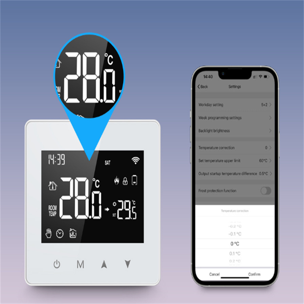 Ein Thermostat mit Digitalanzeige, die Temperatur anzeigt, und ein Telefonbildschirm mit Einstellungen.