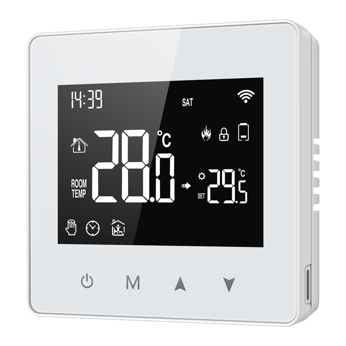 Ein weißes digitales Thermostat mit schwarzem Display, das Zeit, Temperatur und Symbole anzeigt.