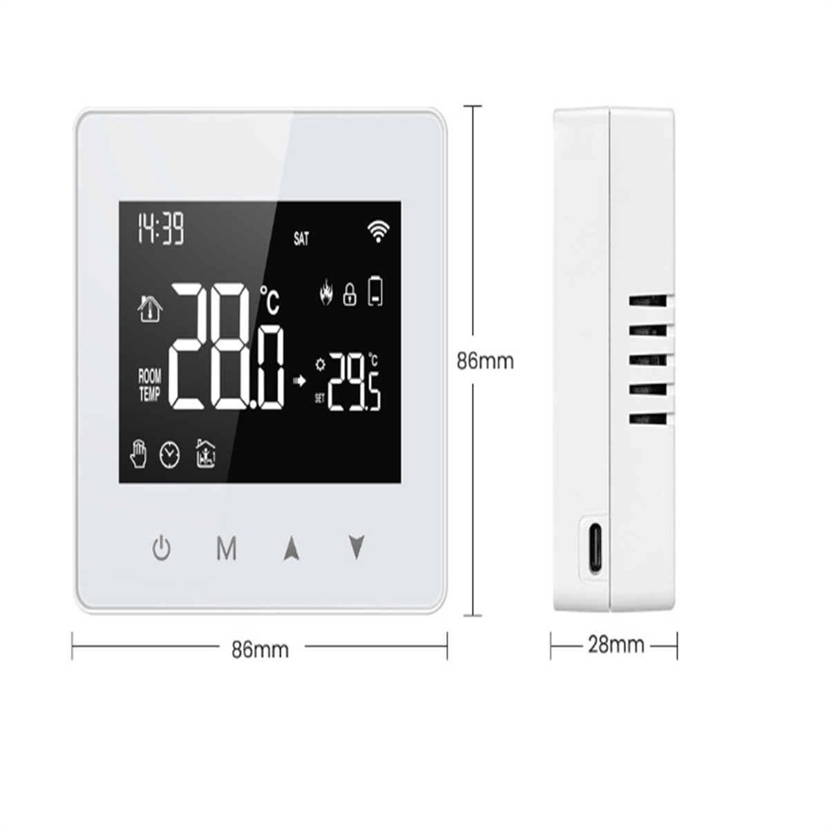 Weißer Thermostat mit Uhrzeit, Temperatur und Einstellungen. Abmessungen sind im Bild angegeben.