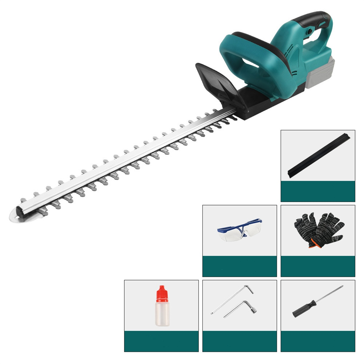 Heckenschere mit Zubehör: Handschuhe, Brille, Ölflasche, Schraubenschlüssel und ein Schraubendreher.