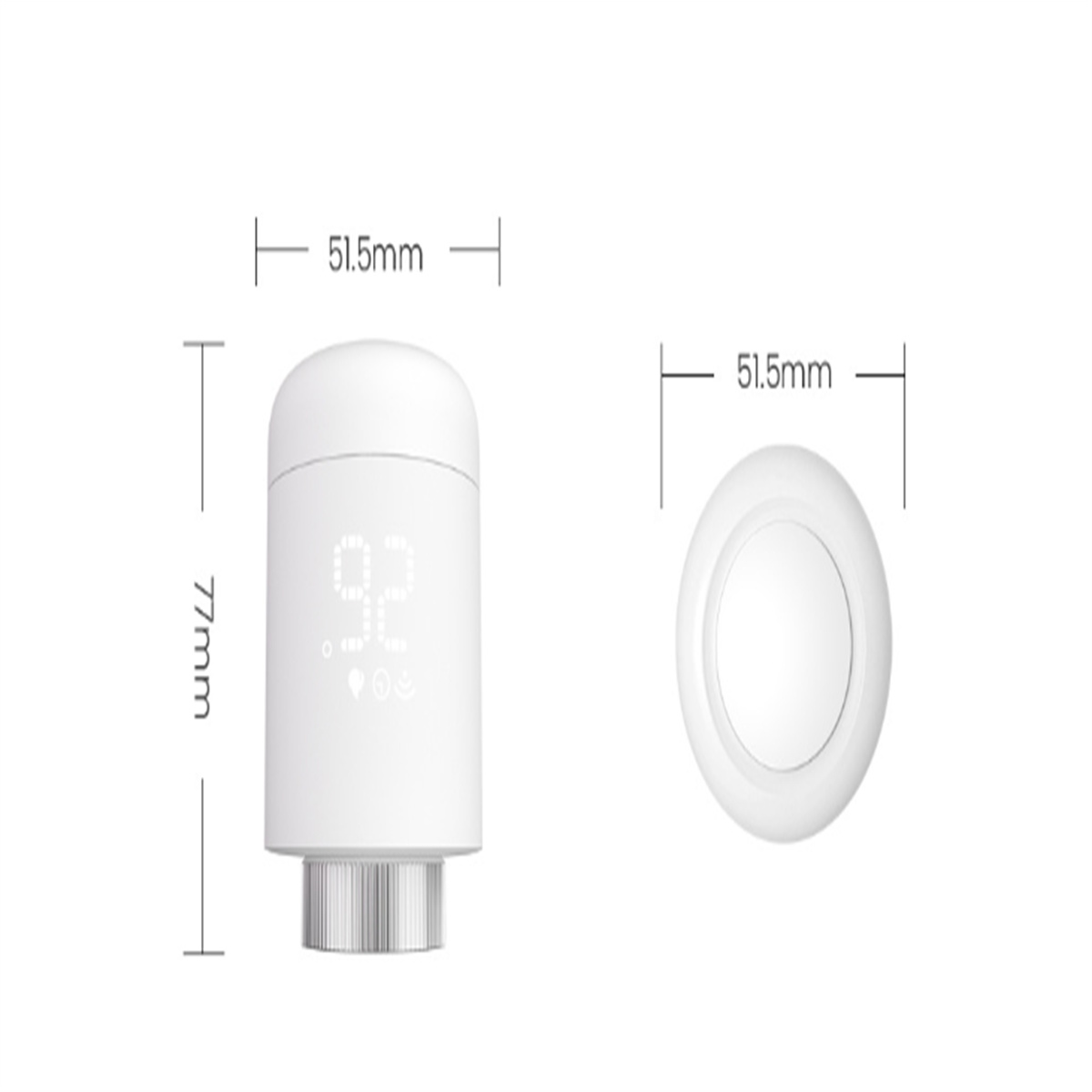 Weißer Smart-Thermostat mit angegebenen Abmessungen.