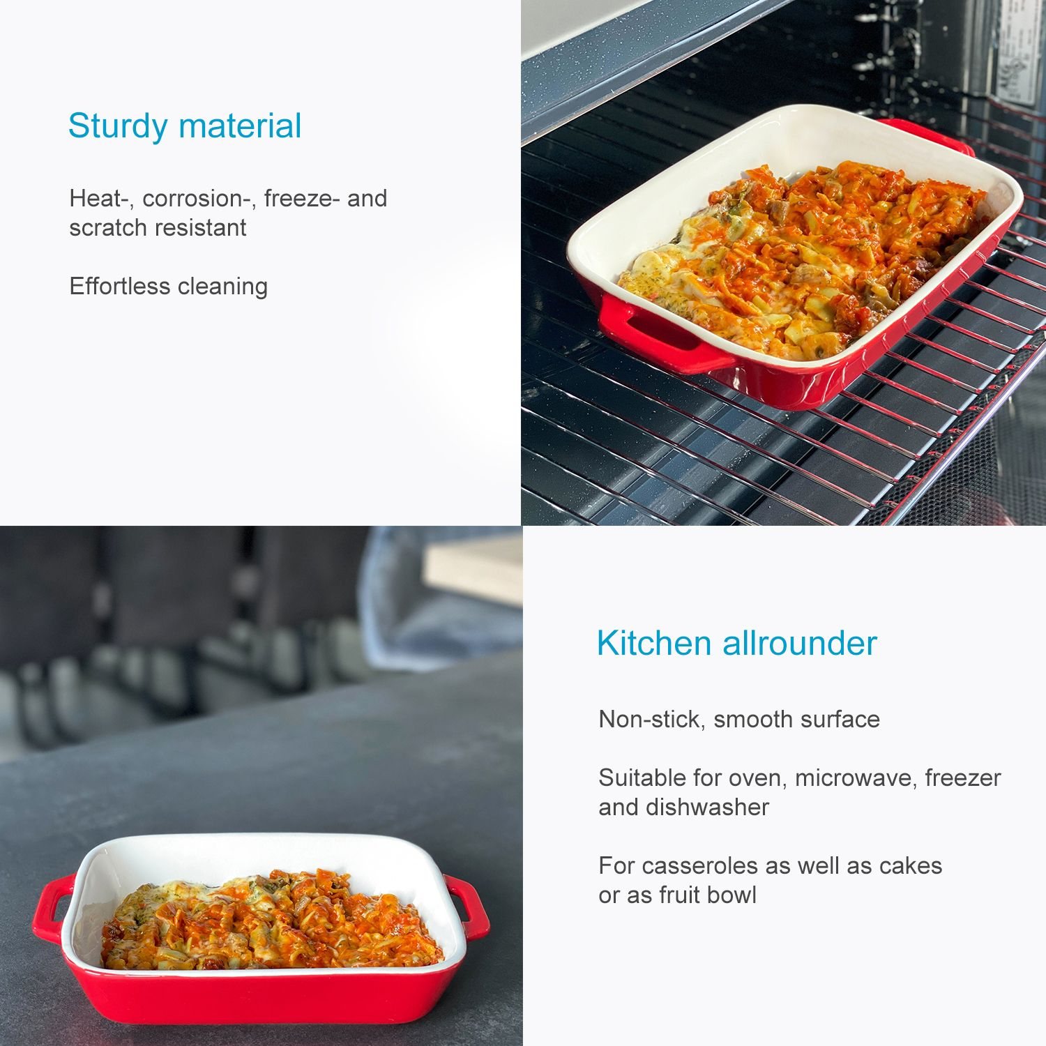 Rote und weiße rechteckige Backform mit gekochtem Essen und im Ofen.