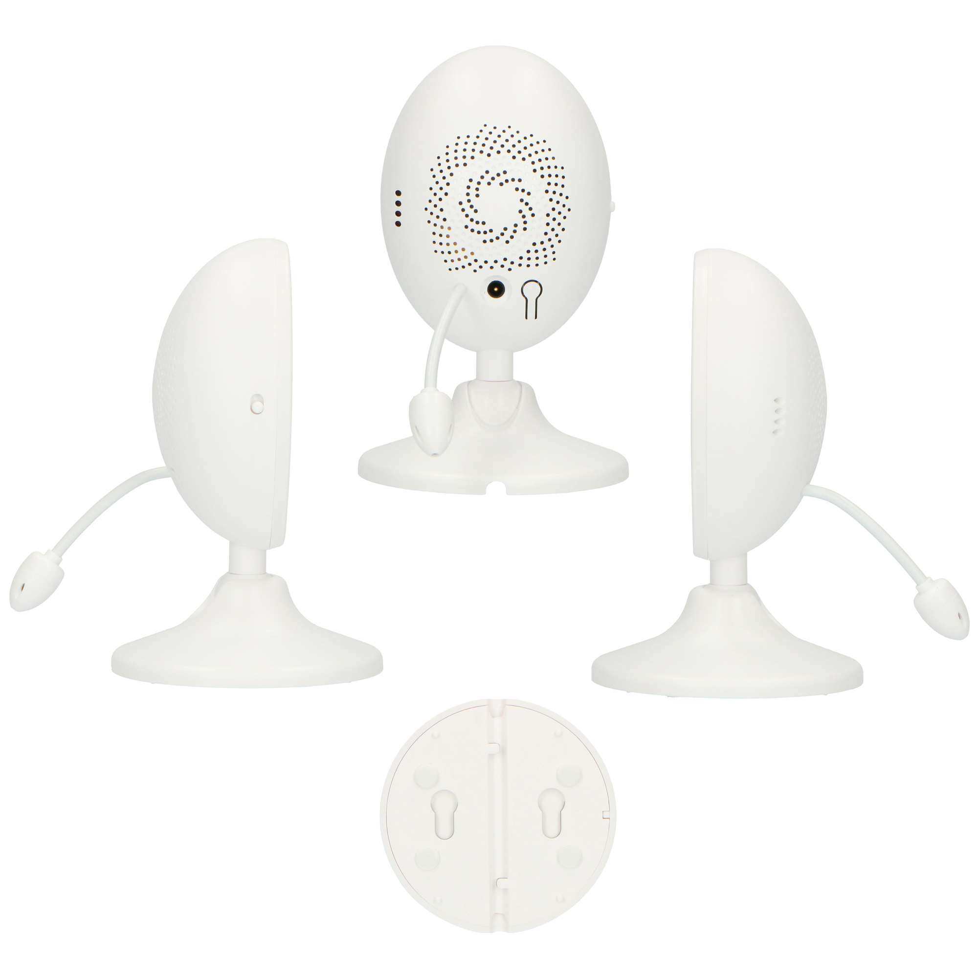 Baby monitor with three views. The monitor is white and has a speaker and a charging port.
