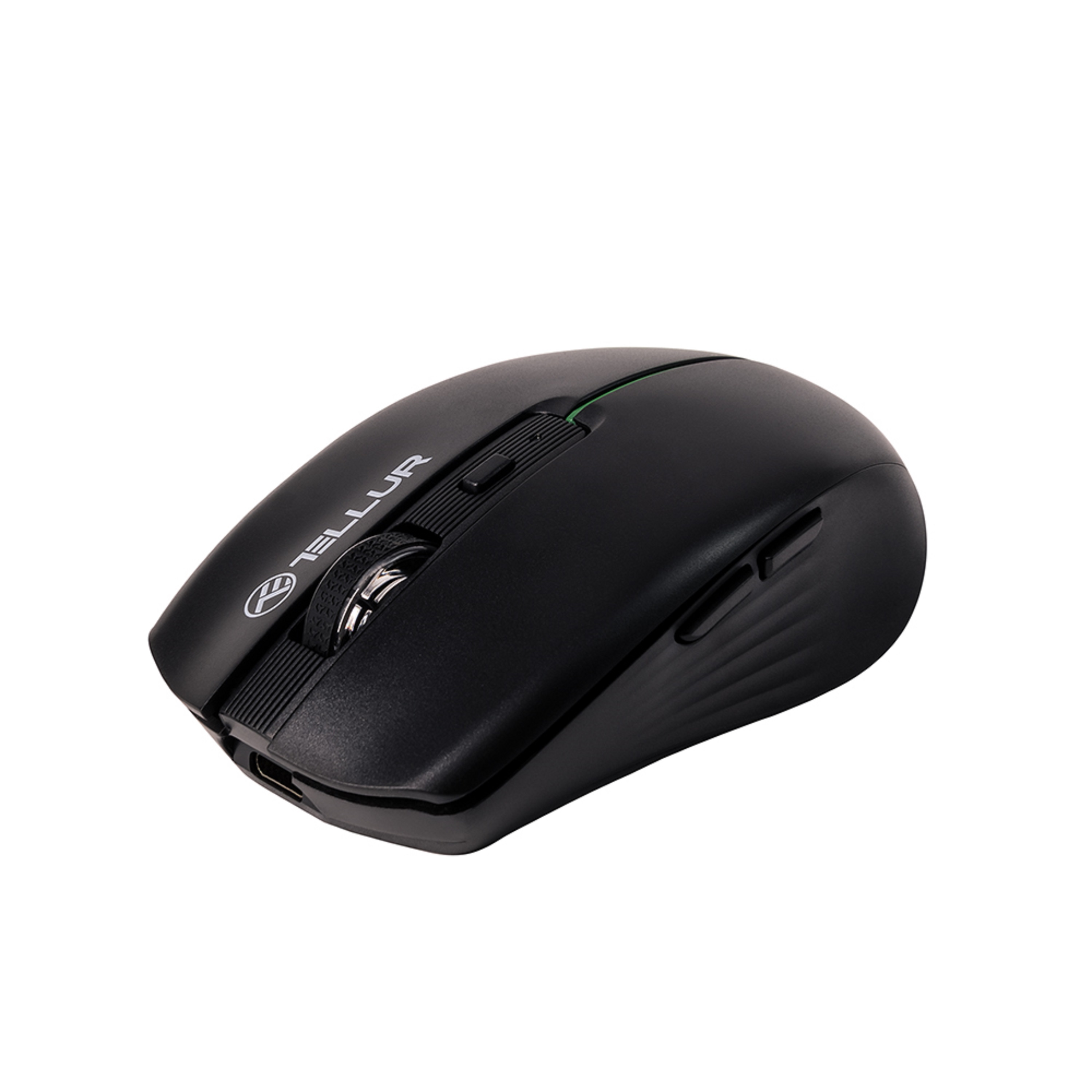 Czarna bezprzewodowa mysz z kółkiem przewijania i marką Tellur na białym tle.