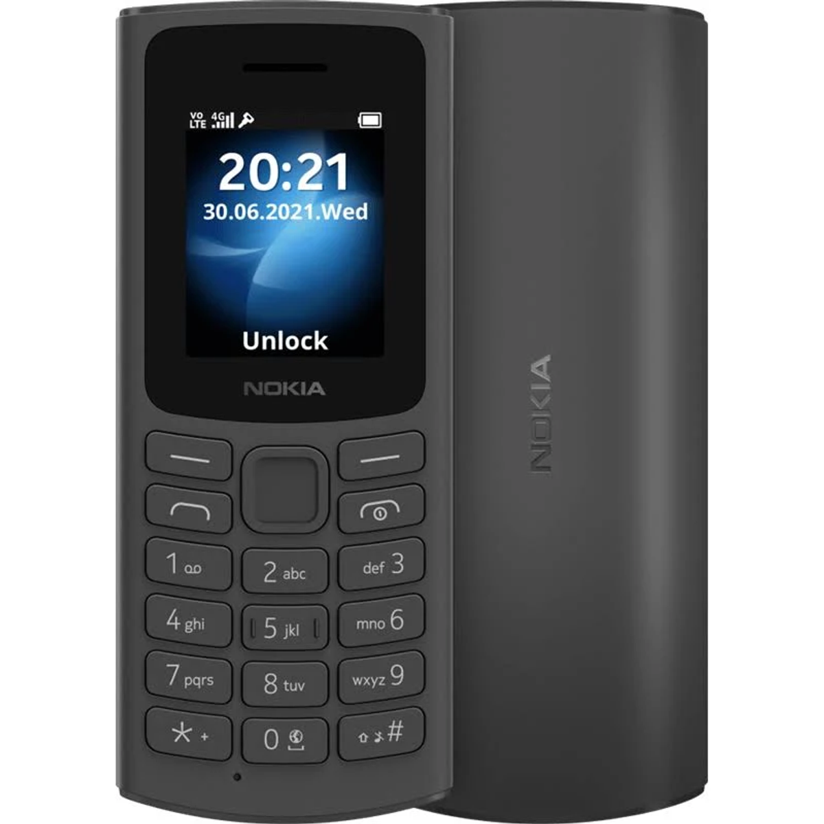 Ein graues Nokia-Telefon mit einem Bildschirm, der Zeit und Datum anzeigt.