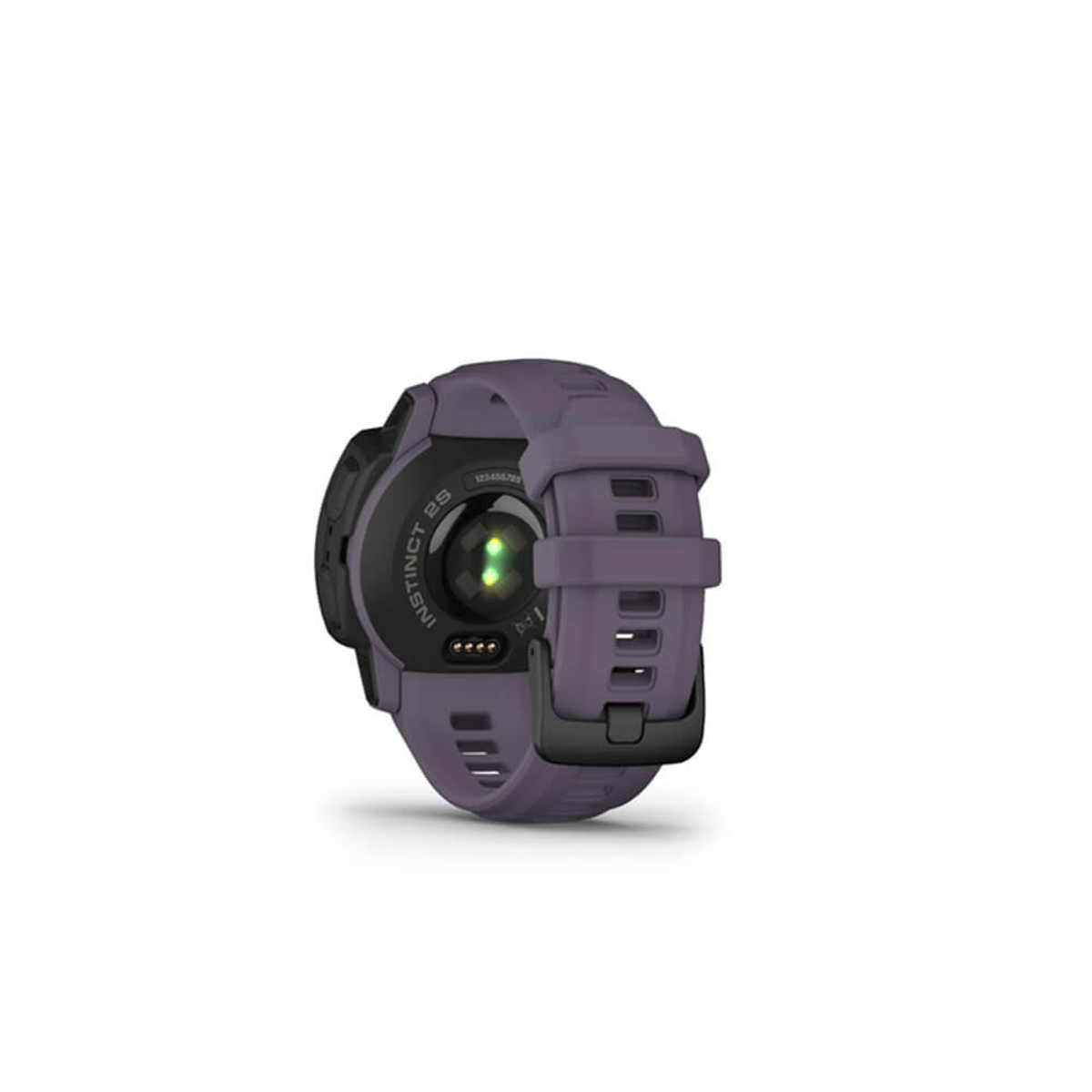 Eine dunkelviolette Garmin Instinct 2S Smartwatch, die Rückseite mit Sensoren und einer schwarzen Schnalle zeigend.