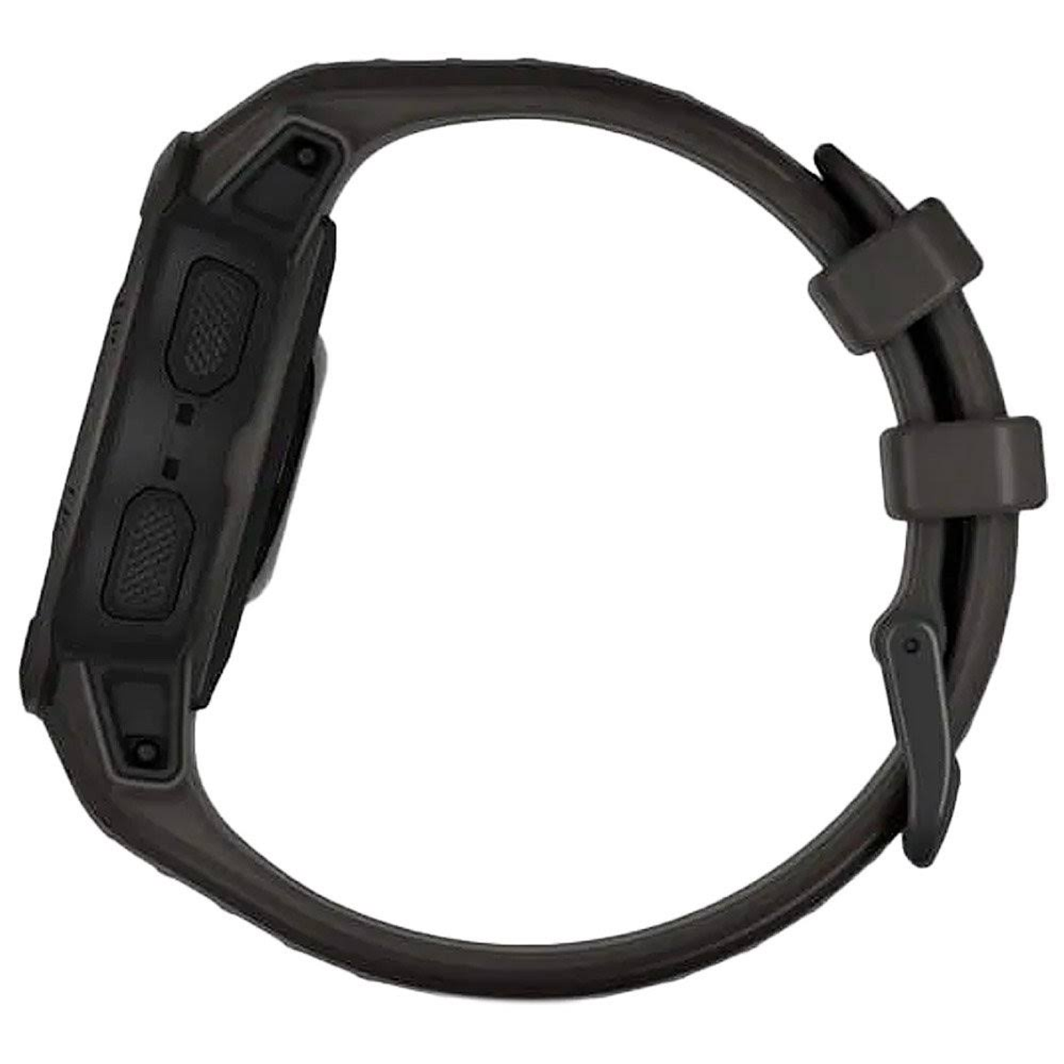 Eine dunkelgraue Smartwatch mit Armband, Seitenansicht.