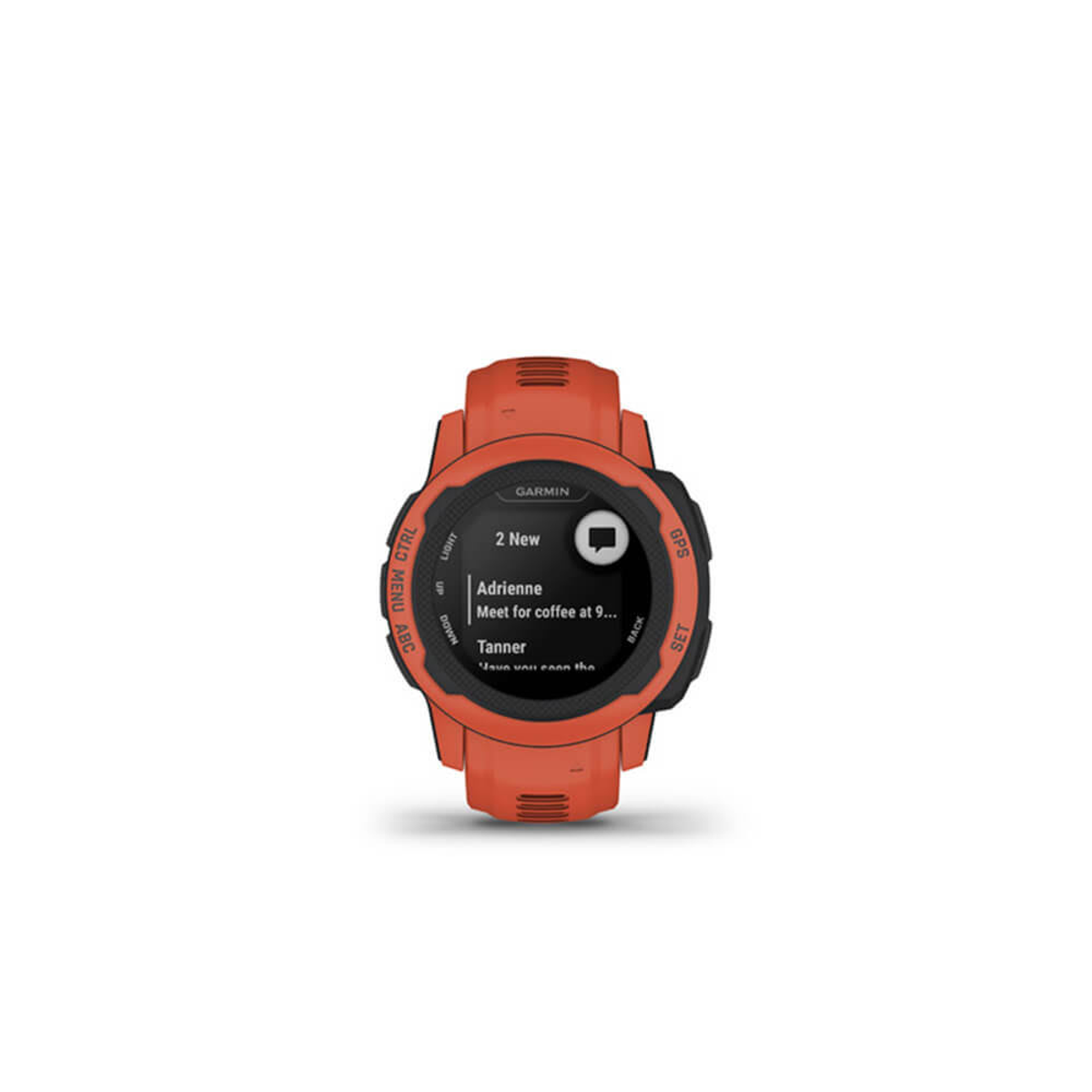 Orange Garmin Uhr mit Nachricht, schwarzes Armband, weißer Hintergrund.
