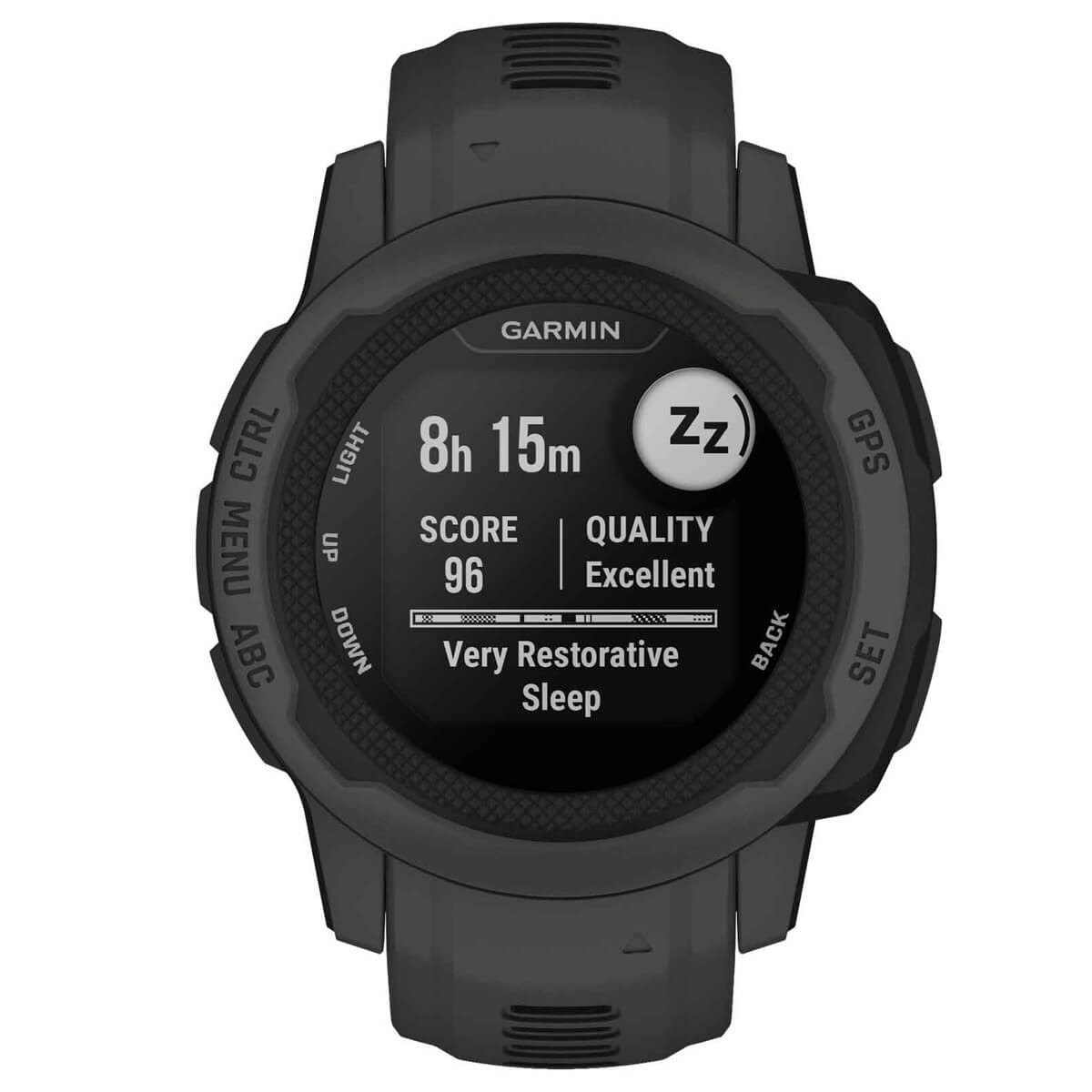 Schwarze Garmin-Uhr, die Schlafdaten anzeigt, einschließlich Bewertung, Qualität und Schlafdauer.