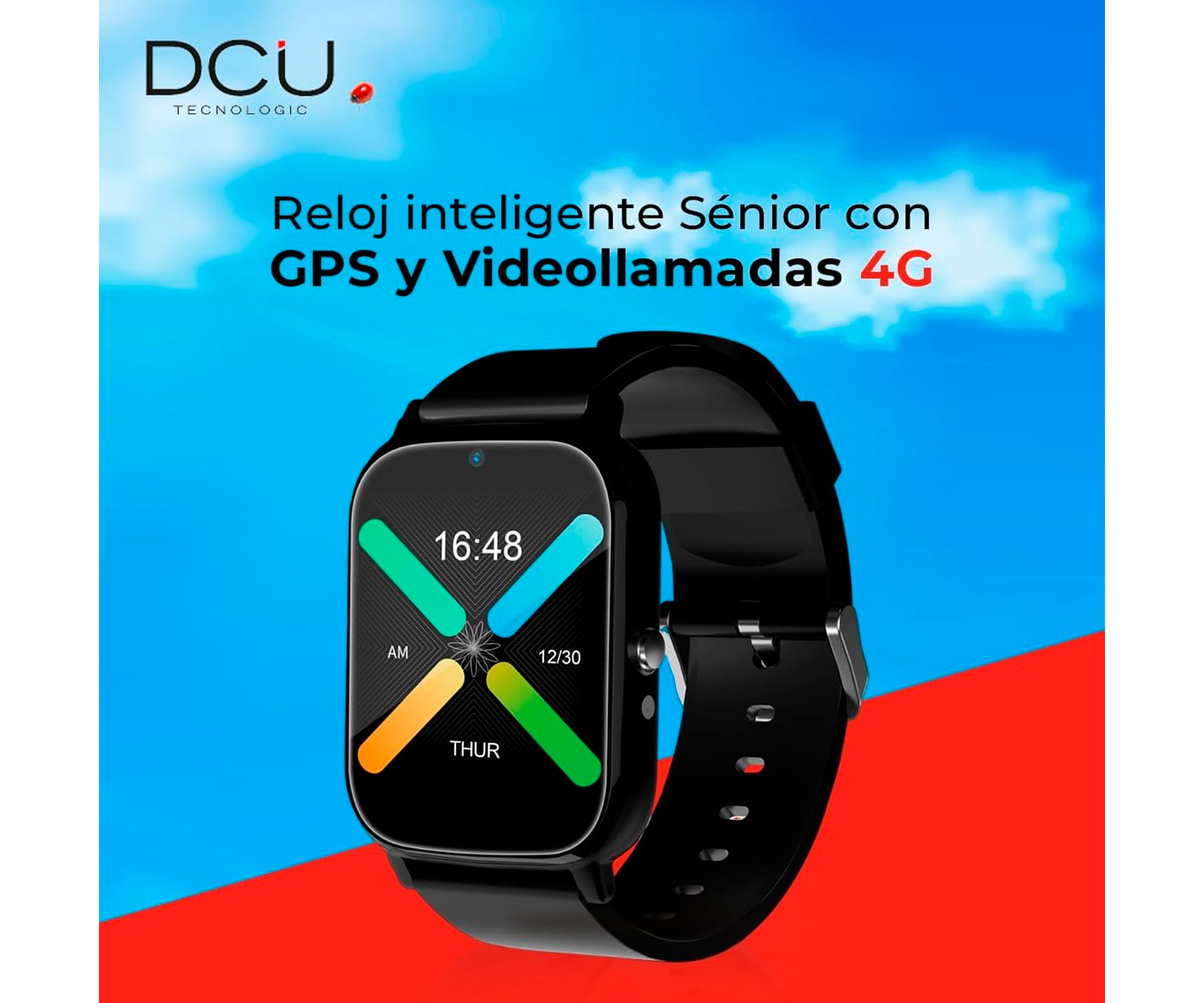 Un reloj inteligente negro con una pantalla a color, un fondo rojo y azul, y texto.