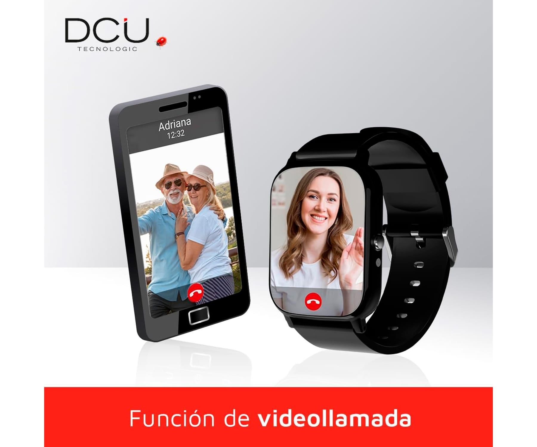 Smartphone y smartwatch mostrando videollamada. Teléfono muestra pareja mayor. Reloj muestra a mujer.