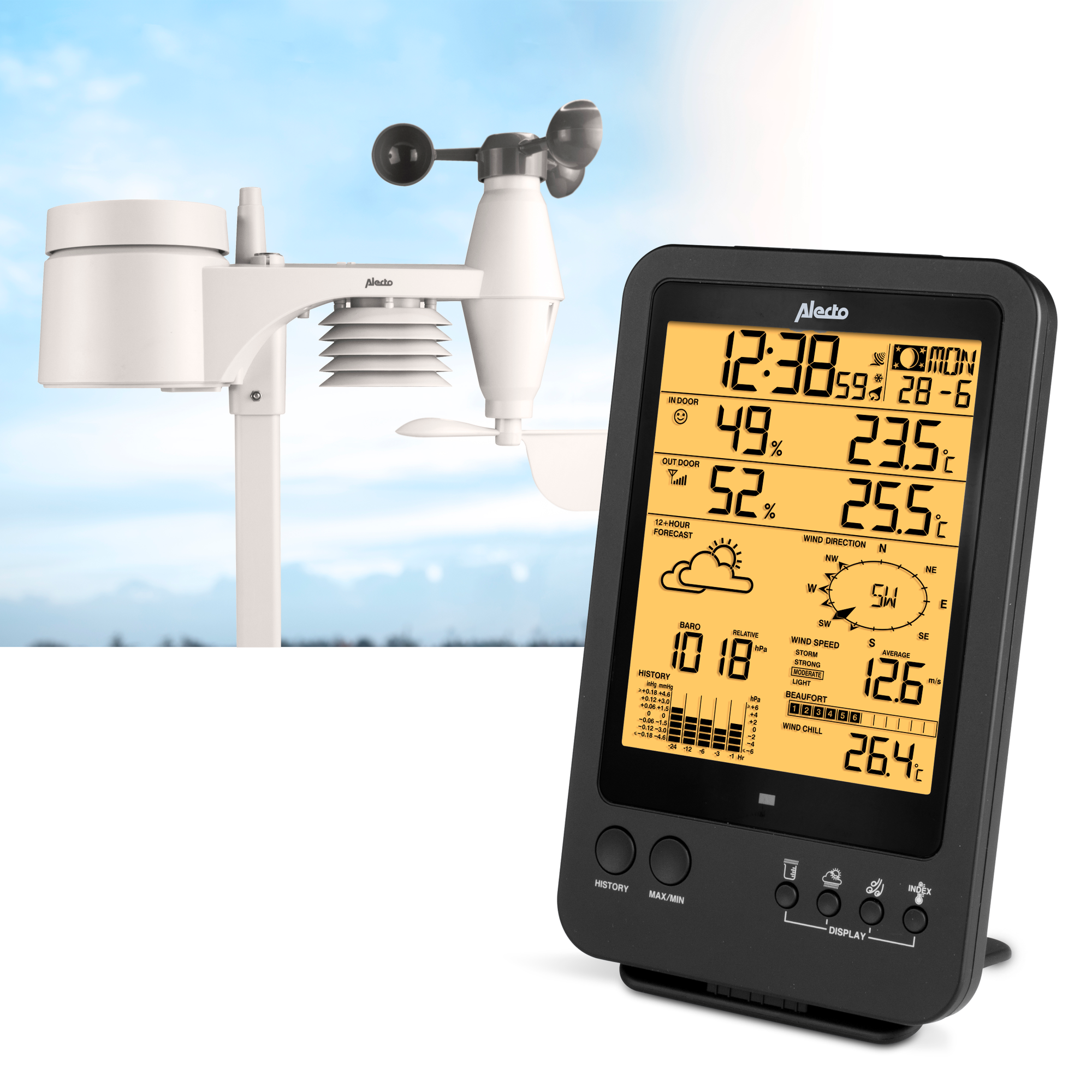 Una stazione meteorologica con display dati e un sensore esterno accanto.