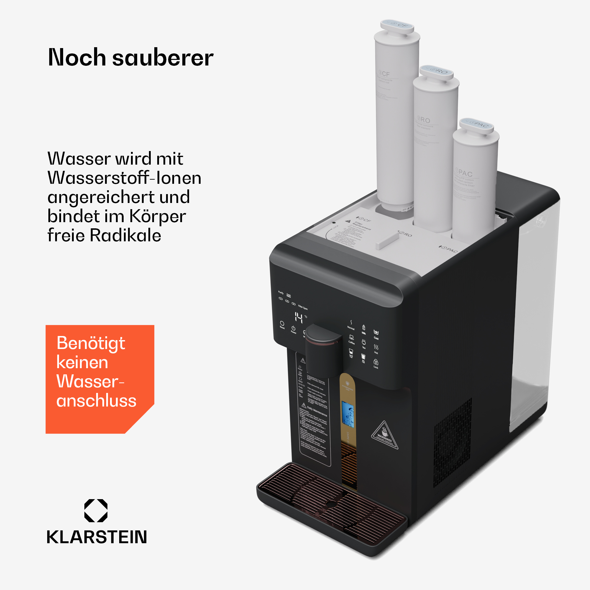 Wasserreinigungsmaschine mit 3 Filtern. Text: Noch sauberer, Wasser wird mit Wasserstoff-Ionen angereichert.