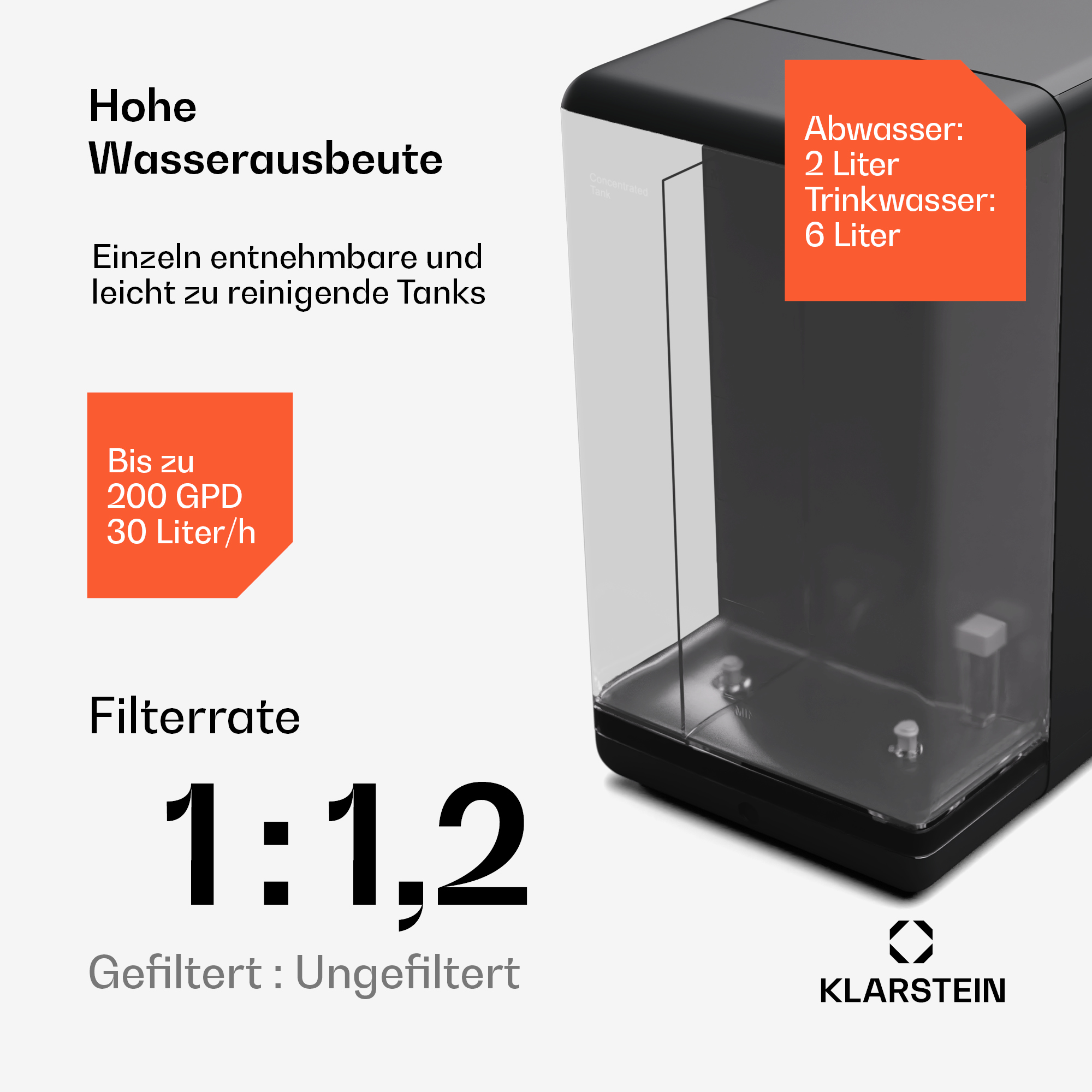 Schwarzer Wasserfilter mit Text über Wasserqualität, zeigt Tankkapazität.