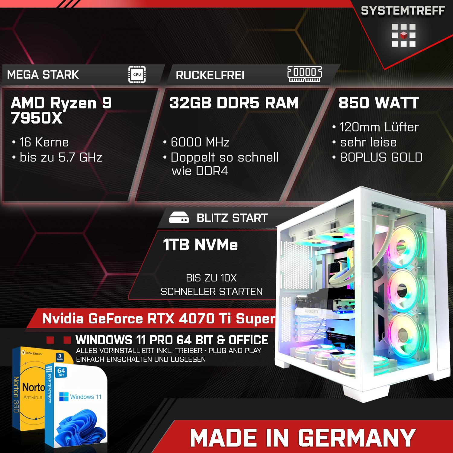 RTX™ Gaming 9 Gaming AMD mit Ryzen™ mSSD, Windows AMD PC 1000 SYSTEMTREFF GB Ti Super™ 11 High-End Prozessor, GB NVIDIA 9 4070 Pro, Ryzen 7950X, RAM, GeForce 32