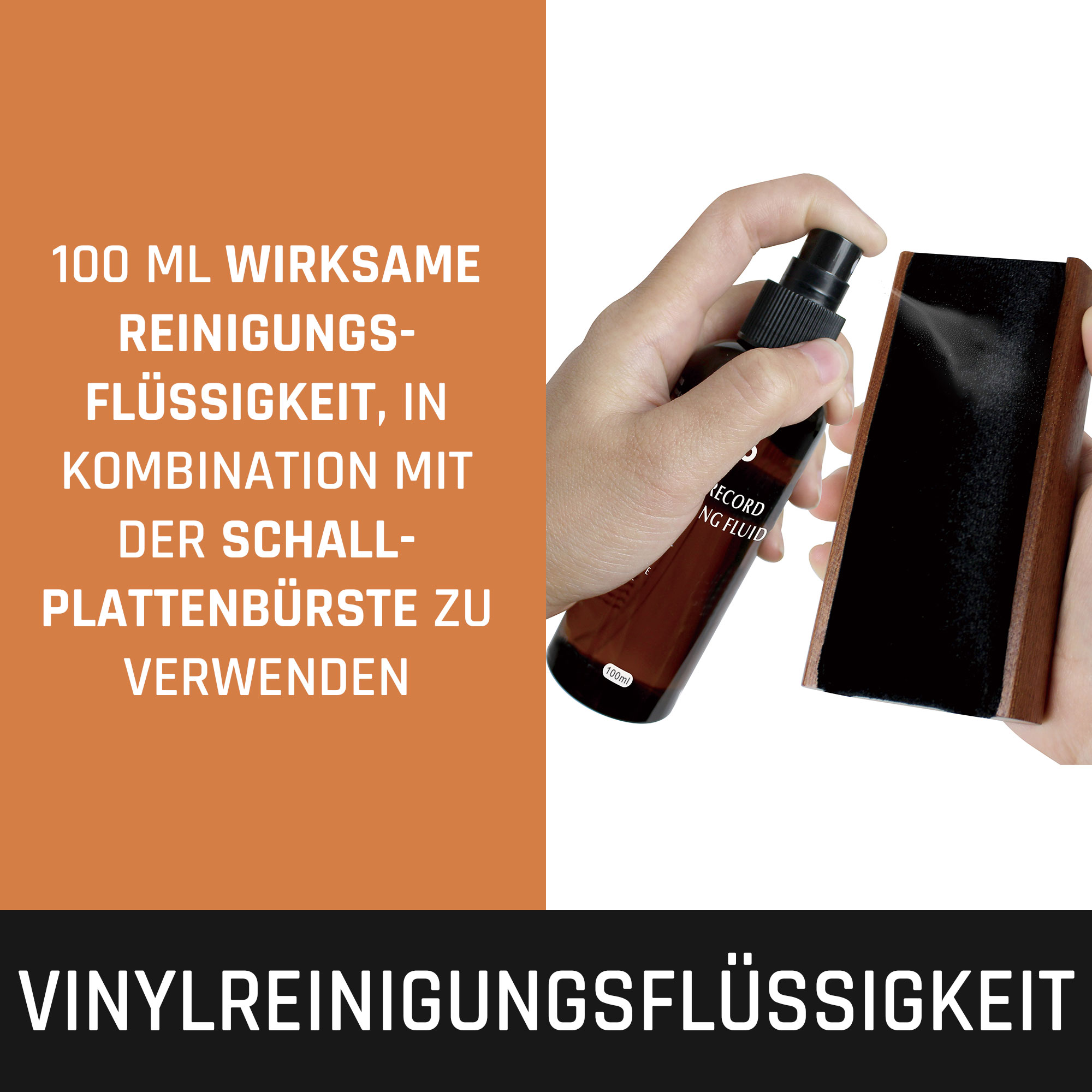 Hand spuit vinyl reinigingsvloeistof op een platenborstel. Tekst: '100 ml reinigingsvloeistof'.