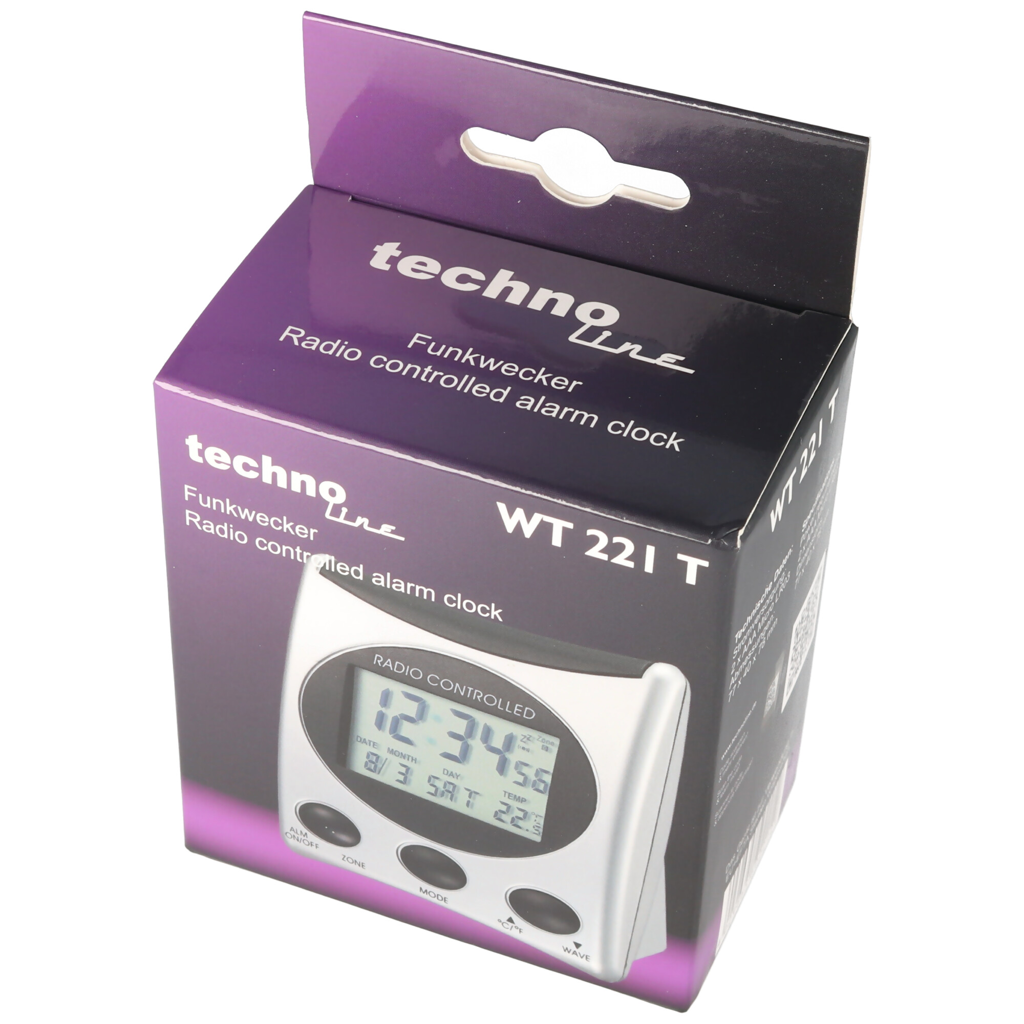 Wekkerdoos met radiogestuurde wekker. Wit digitaal display toont de tijd. De tekst op de doos.