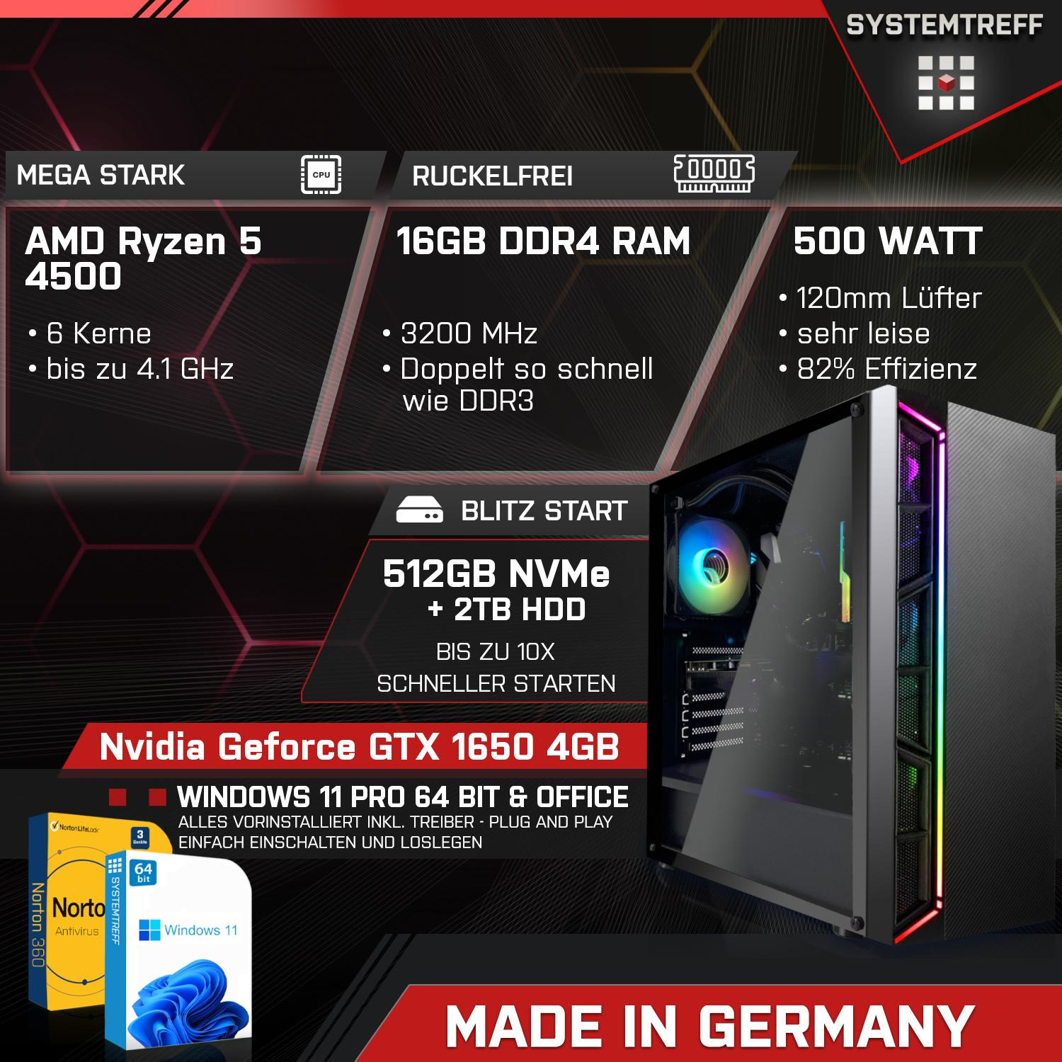 SYSTEMTREFF Gaming AMD Ryzen 5 512 mSSD, PC Windows Prozessor, Pro, GTX RAM, Ryzen™ 1650 NVIDIA 4500, 16 GB 11 GeForce® 5 AMD mit GB Gaming