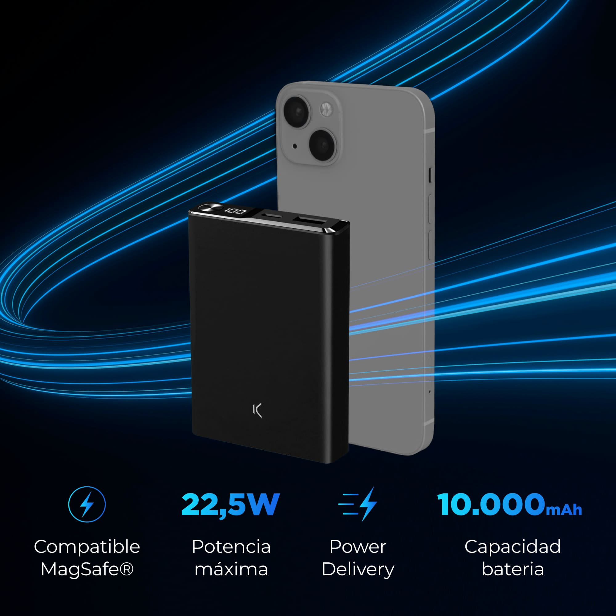 Banco de energía negro junto a un teléfono gris. Muestra 22,5W, 10.000mAh y compatibilidad MagSafe.