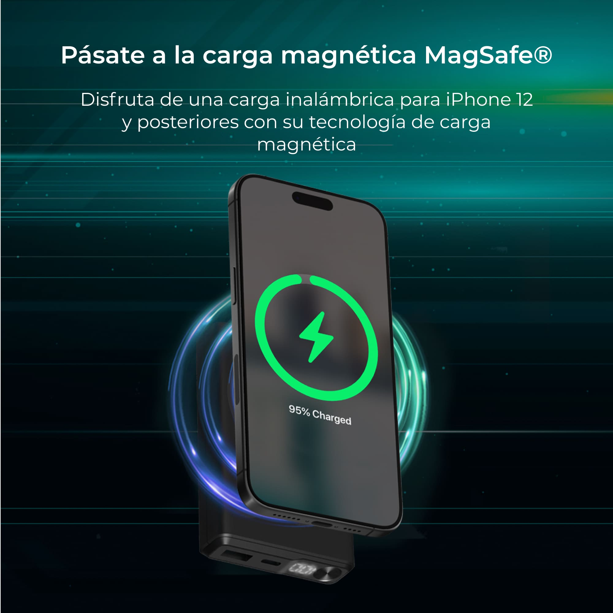 Un teléfono negro cargando en una base de carga que muestra 95% cargado con MagSafe.