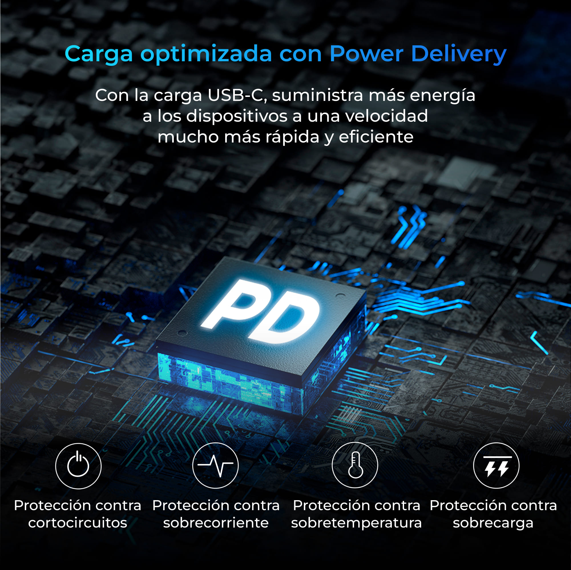 Un chip de suministro de energía iluminado en azul con iconos y texto de seguridad.