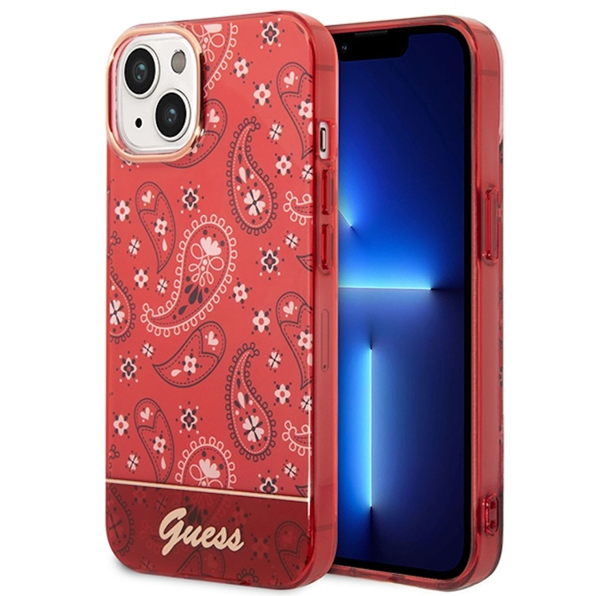 Una custodia per telefono rossa a fantasia, con design paisley rosso e dettagli oro.