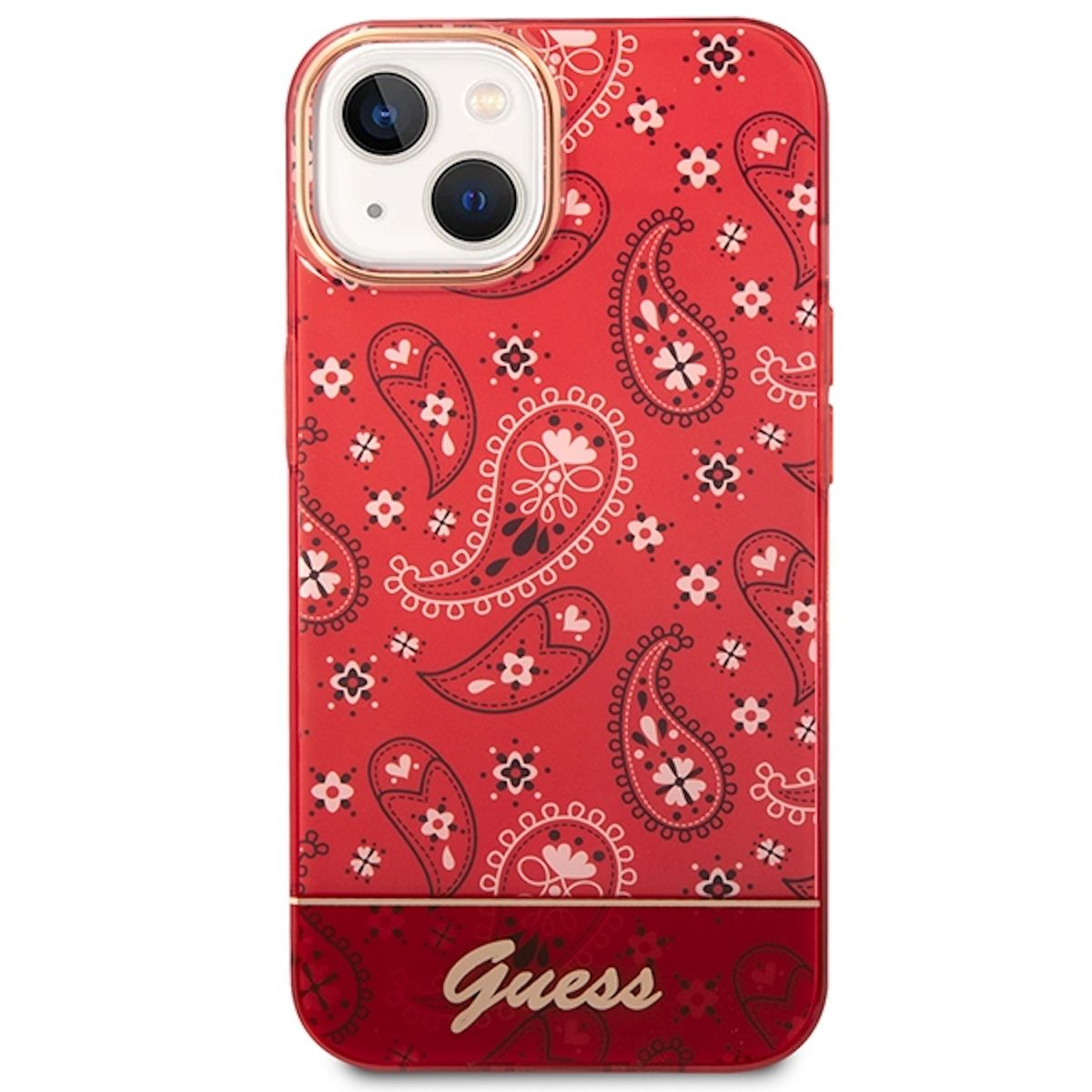 Custodia per telefono rossa con motivo paisley e logo Guess dorato. La custodia ha un bordo dorato attorno alla fotocamera e ai bordi.