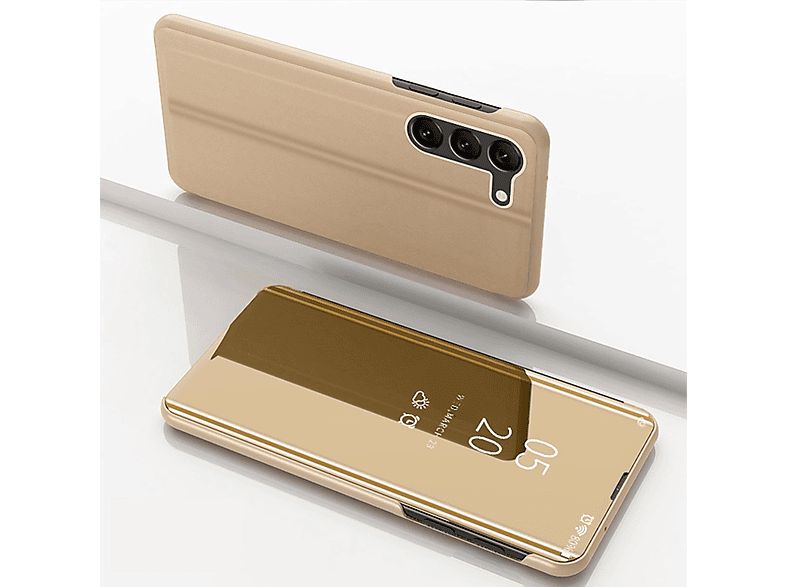 S24 Mirror Wake WIGENTO mit Gold Smart Funktion, Cover Samsung, Plus, Bookcover, Galaxy Spiegel UP View