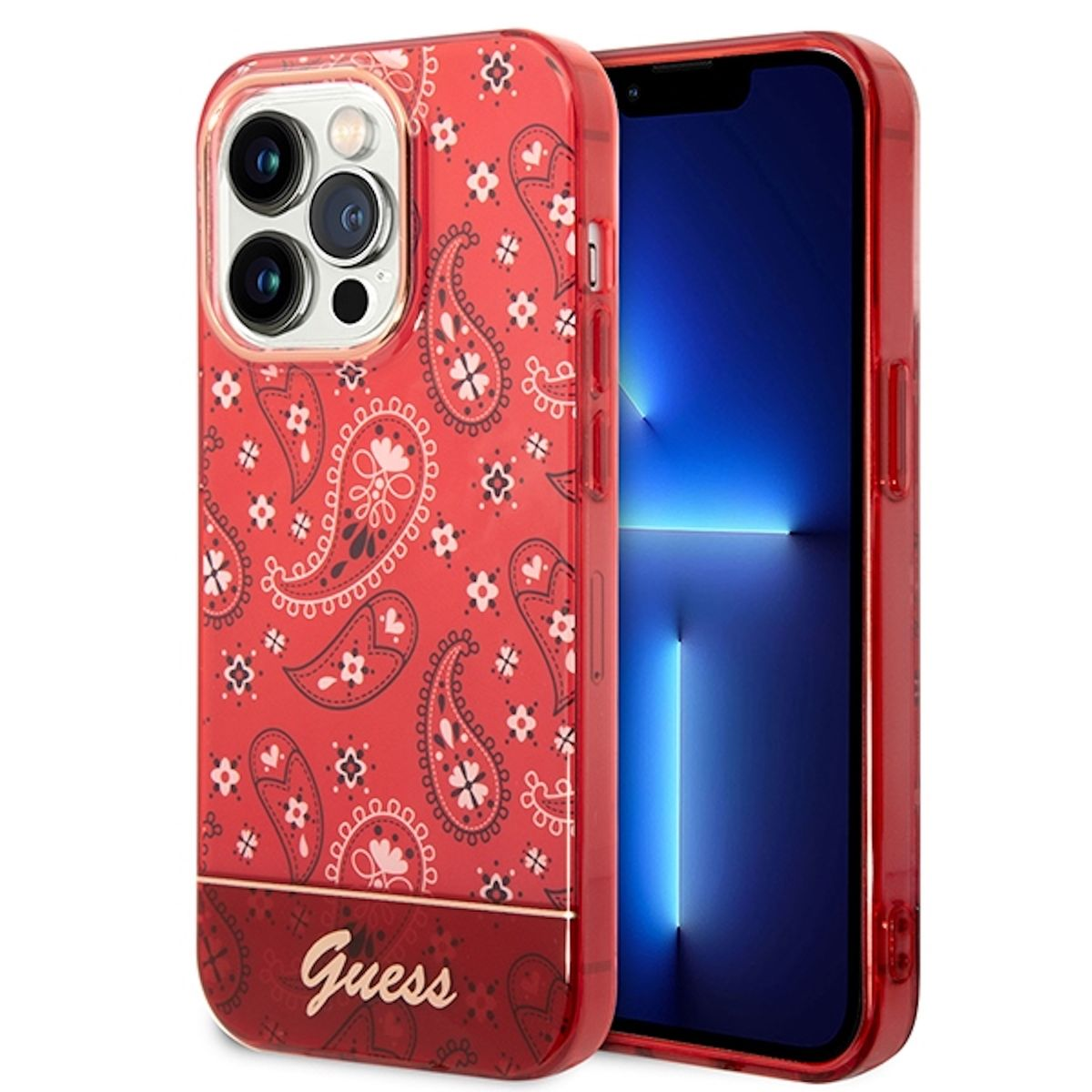 Custodia per telefono rossa con design paisley, logo Guess e un telefono.